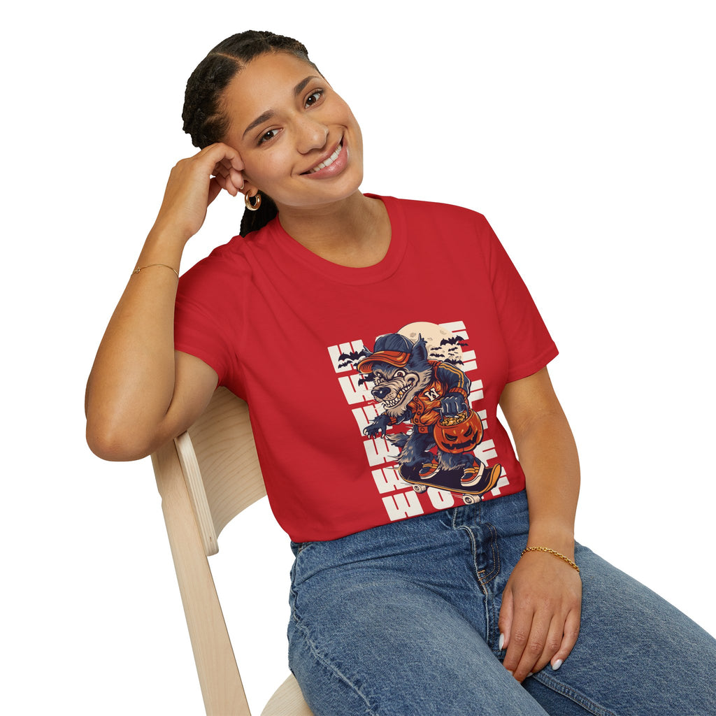 Halloween Skateboarder Skeleton T-Shirt — Spooky Pumpkin & Bats Graphic Tee