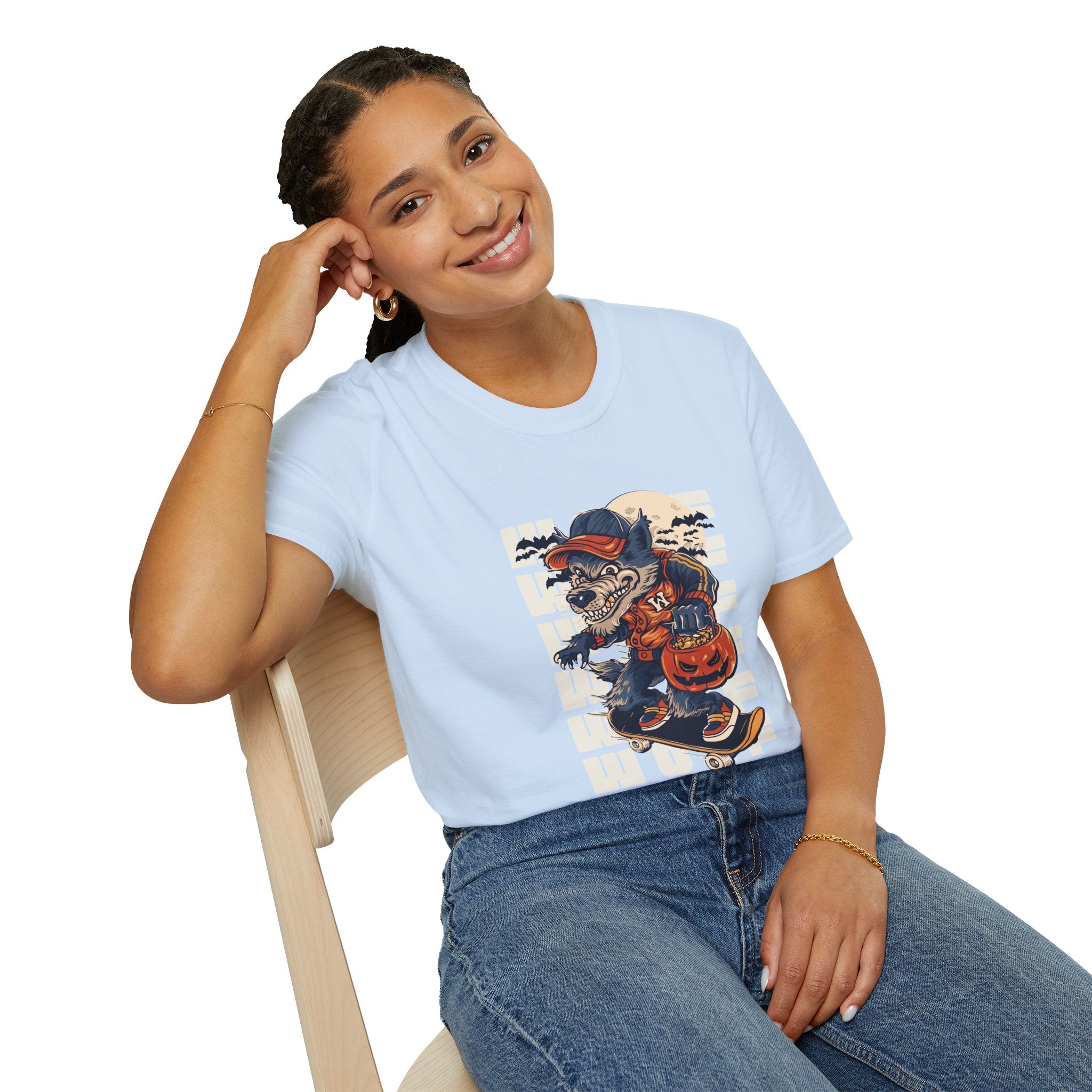 Halloween Skateboarder Skeleton T-Shirt — Spooky Pumpkin & Bats Graphic Tee