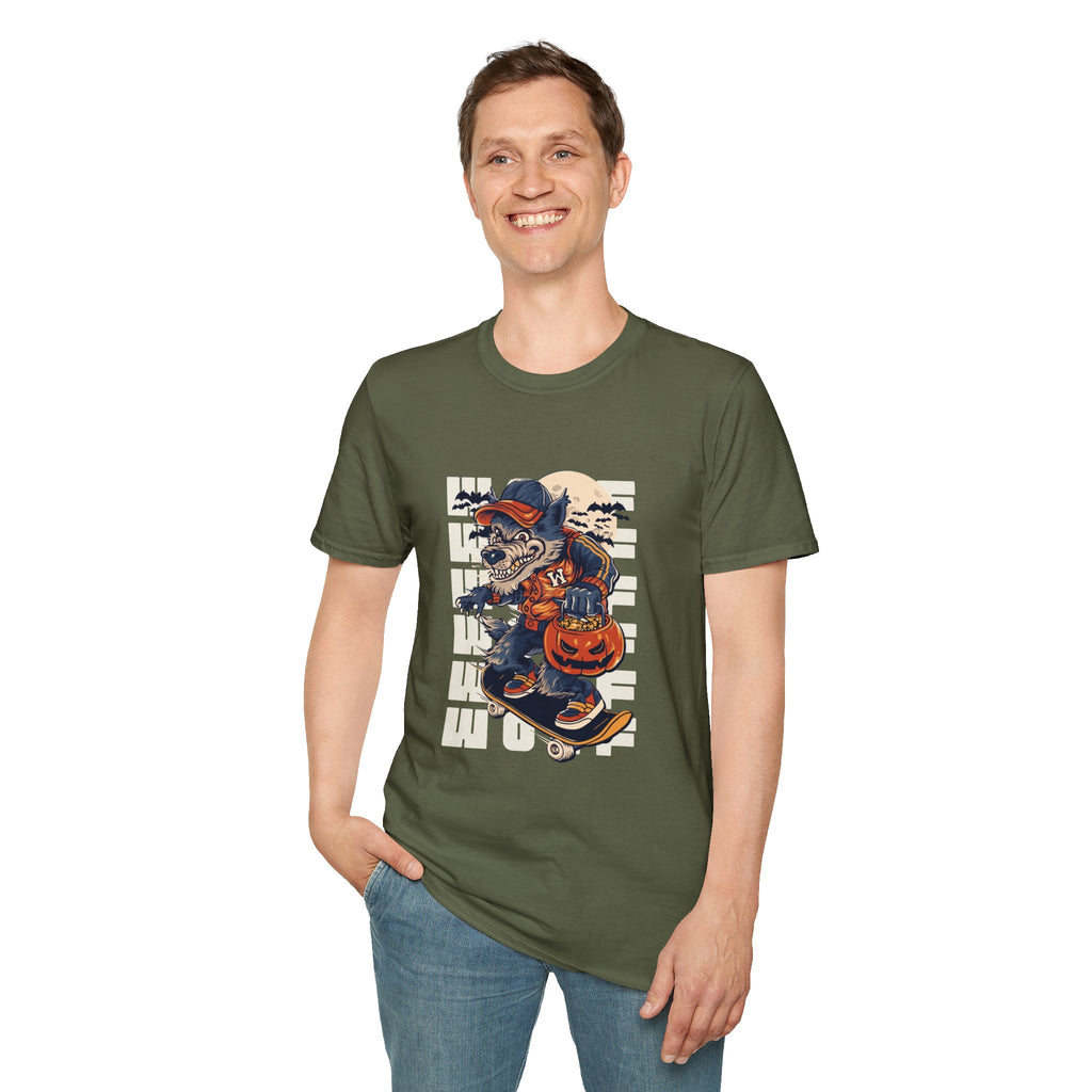 Halloween Skateboarder Skeleton T-Shirt — Spooky Pumpkin & Bats Graphic Tee