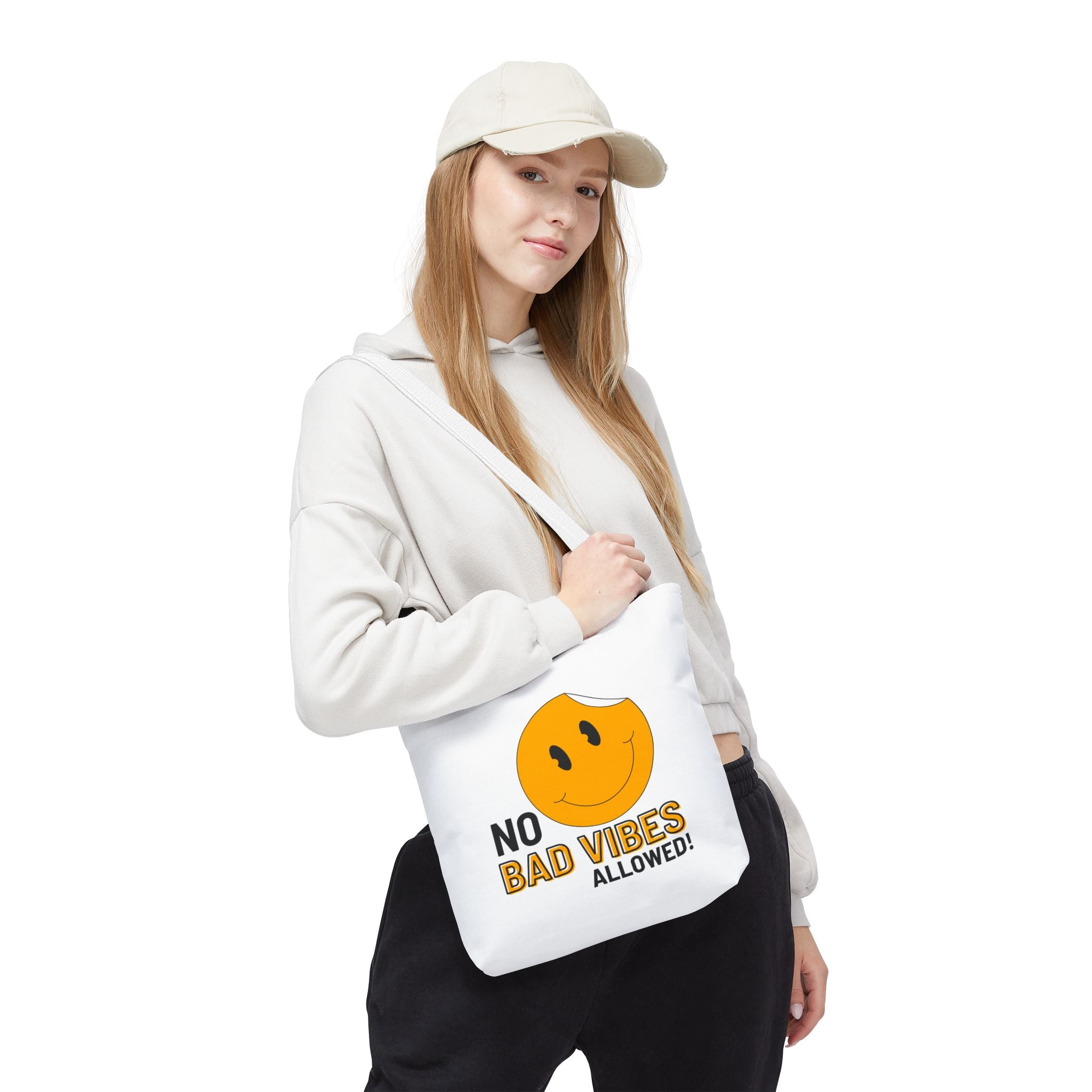 No Bad Vibes Tote Bag — Positive Smiley Reusable Beach & Grocery Bag