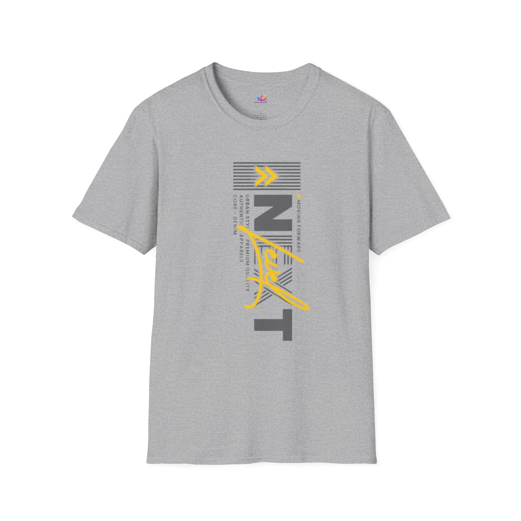 Vertical 'NEXT' Graphic T‑Shirt — Modern Yellow & Gray Streetwear Tee