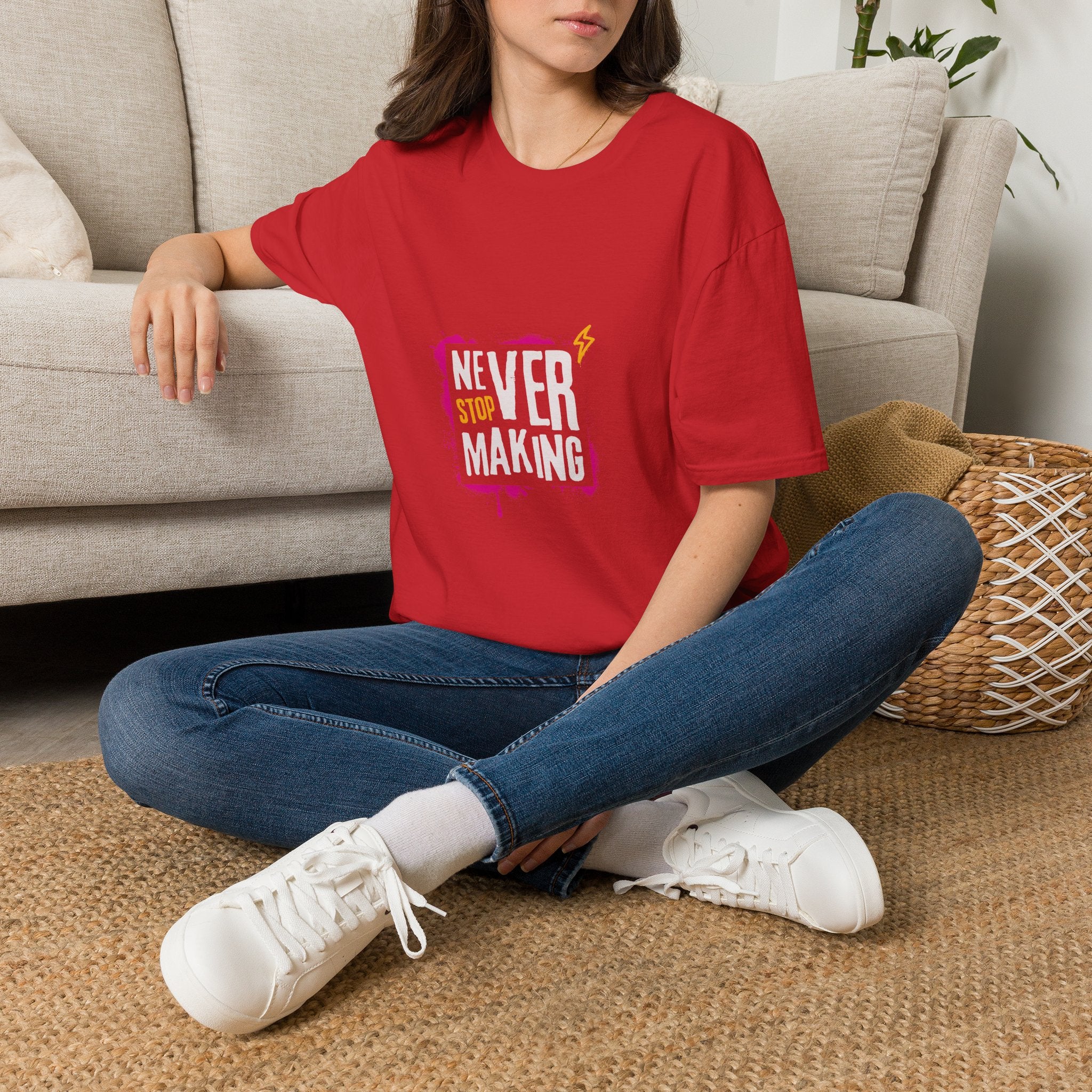 T-Shirt — "Never Stop Dreaming" Graphic Tee (Pink Brushstroke Lightning)