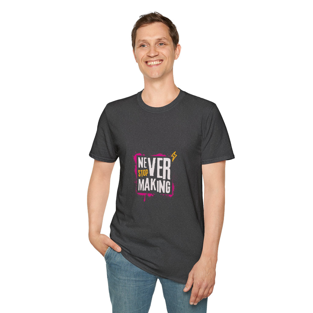 T-Shirt — "Never Stop Dreaming" Graphic Tee (Pink Brushstroke Lightning)