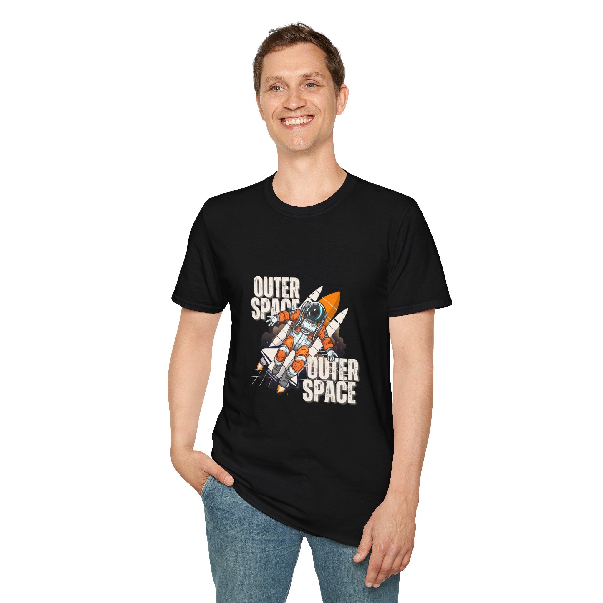 Outer Space Rocket Astronaut Tee — Retro Orange Space Shuttle T-Shirt