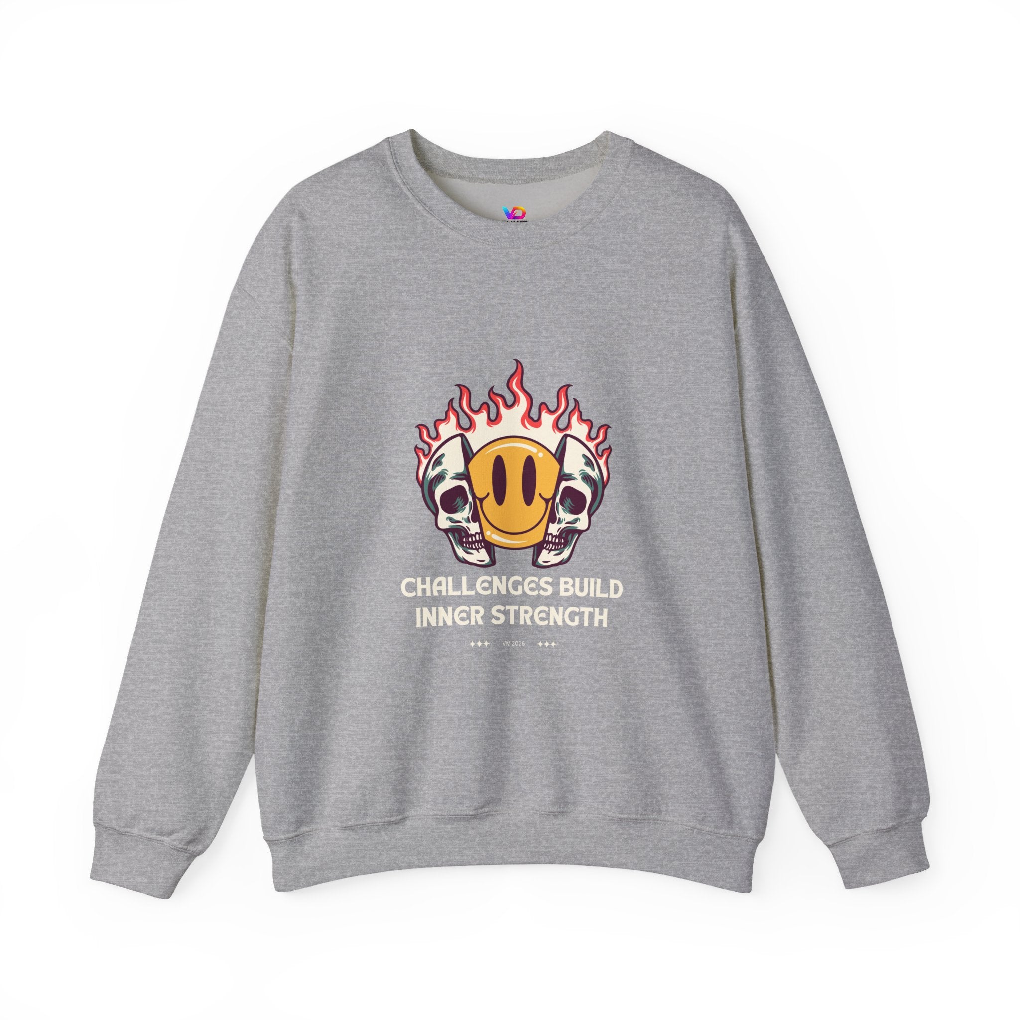 Crewneck Sweatshirt — “Challenges Build Inner Strength” Flame Smile Graphic