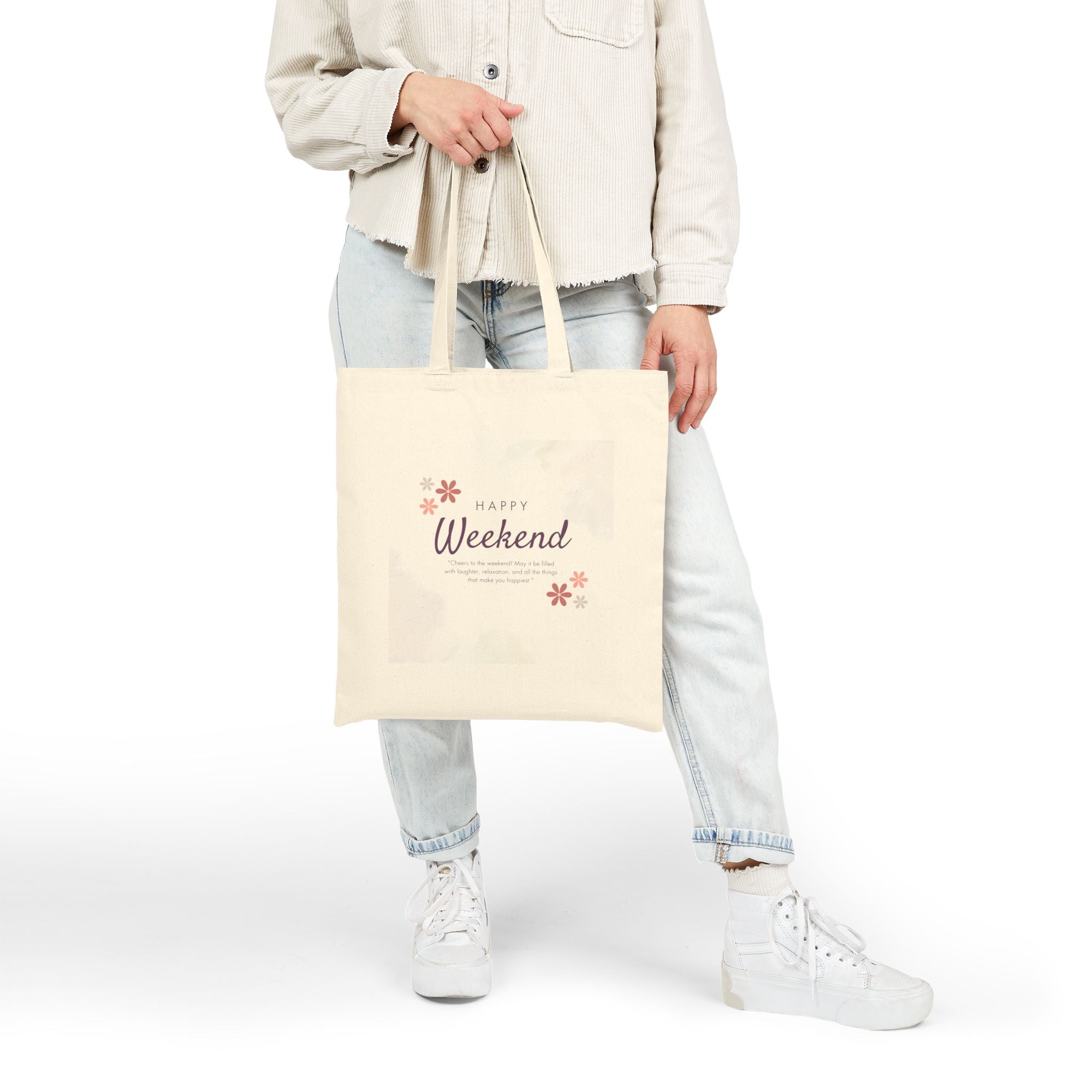 Happy Weekend Canvas Tote Bag — Floral Cotton Market Bag