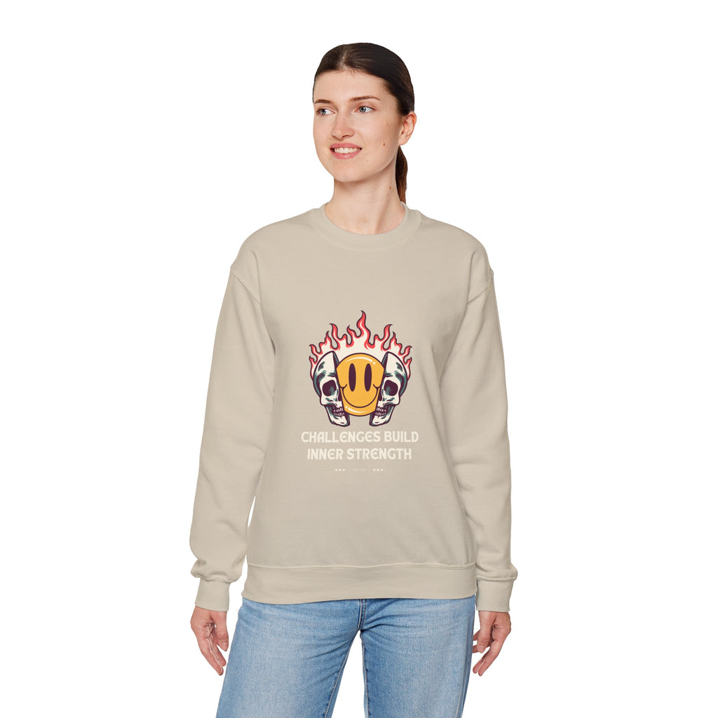 Crewneck Sweatshirt — “Challenges Build Inner Strength” Flame Smile Graphic