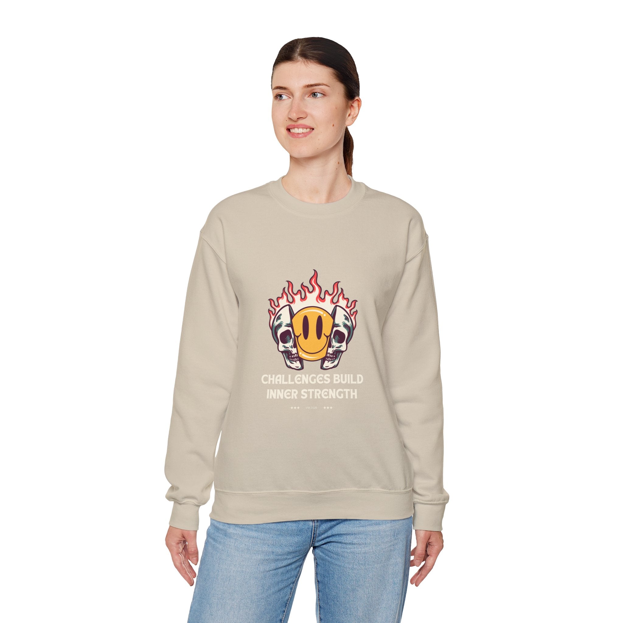 Crewneck Sweatshirt — “Challenges Build Inner Strength” Flame Smile Graphic