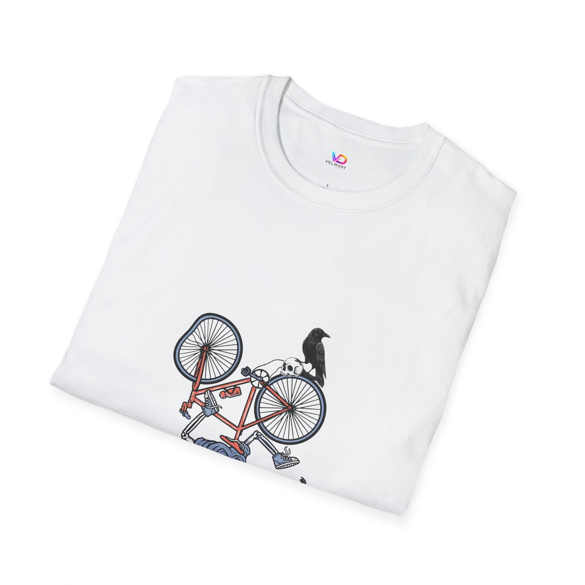 T-Shirt — Vintage Bike Crash Illustration with Crow (whimsical urban cycling tee)