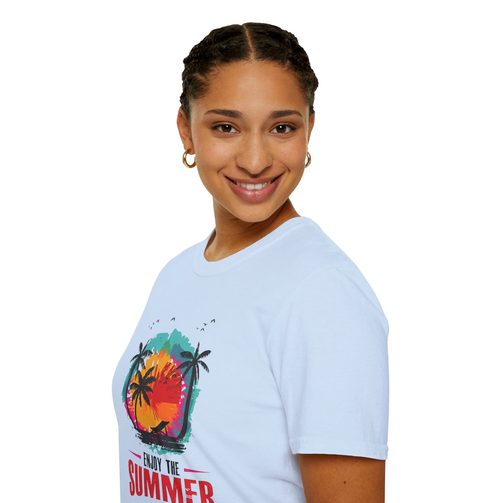 Summer Vibes T-Shirt — "Enjoy the Summer" Tropical Palm Sunset Tee