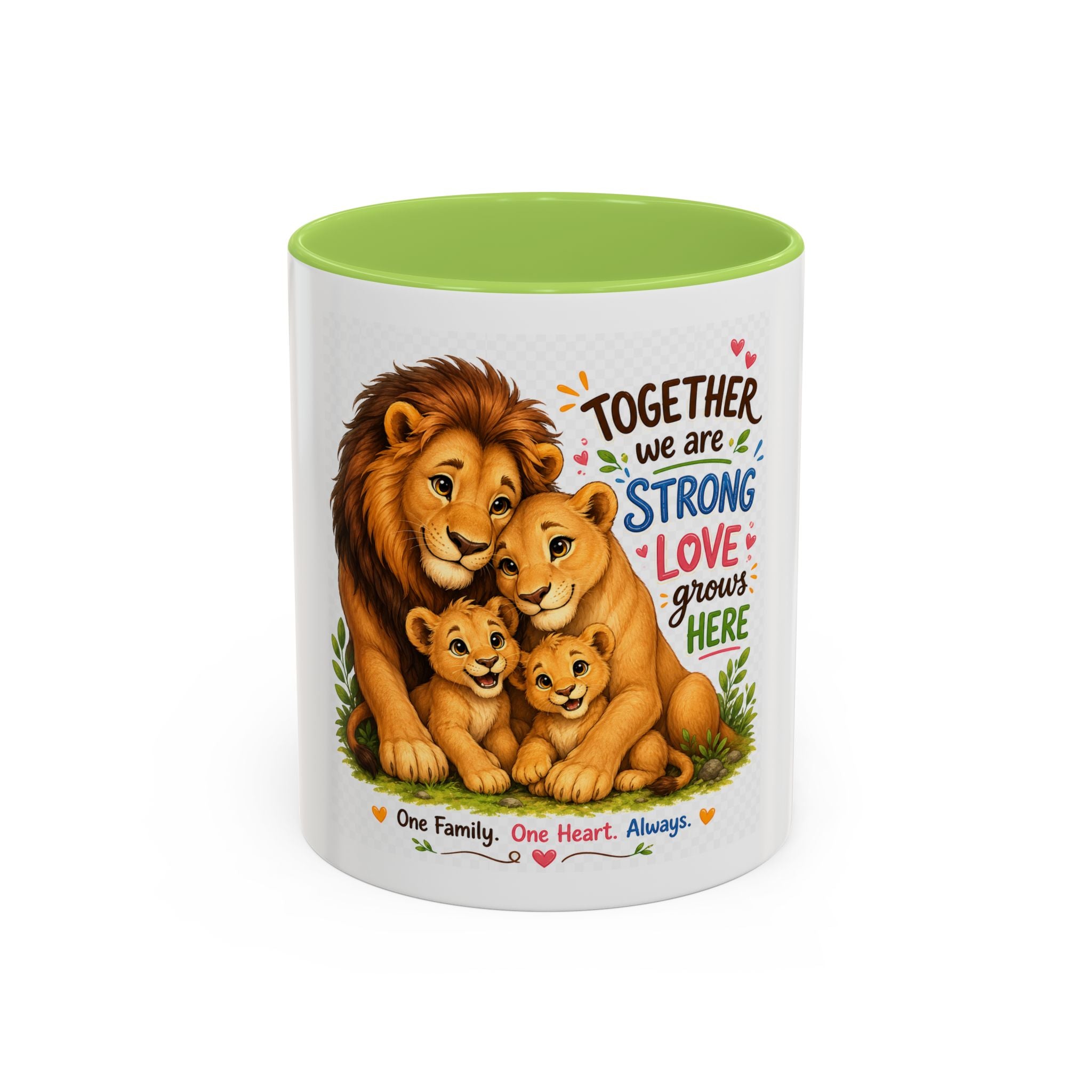 Family Lion Coffee Mug — "Together We Are Strong, Love Grows Here" Accent Mug