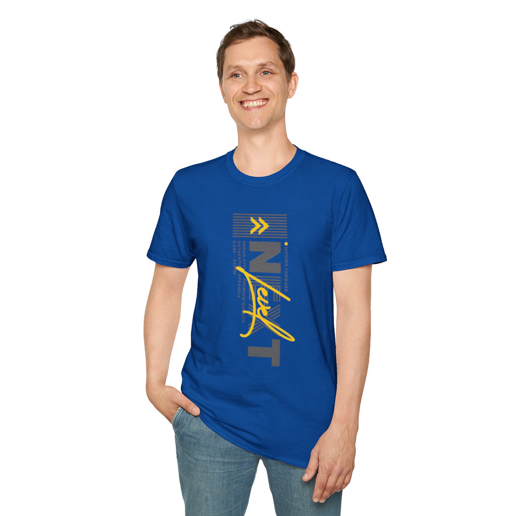 Vertical 'NEXT' Graphic T‑Shirt — Modern Yellow & Gray Streetwear Tee