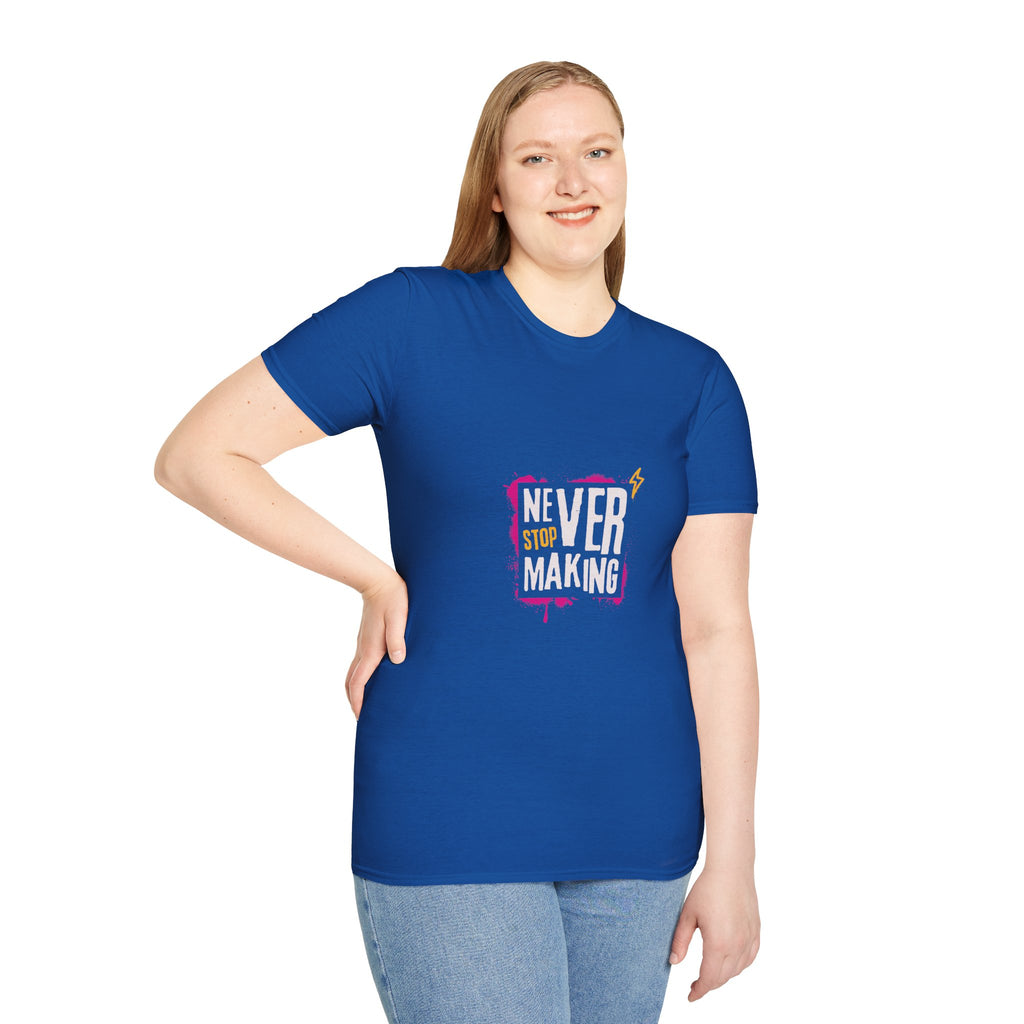 T-Shirt — "Never Stop Dreaming" Graphic Tee (Pink Brushstroke Lightning)