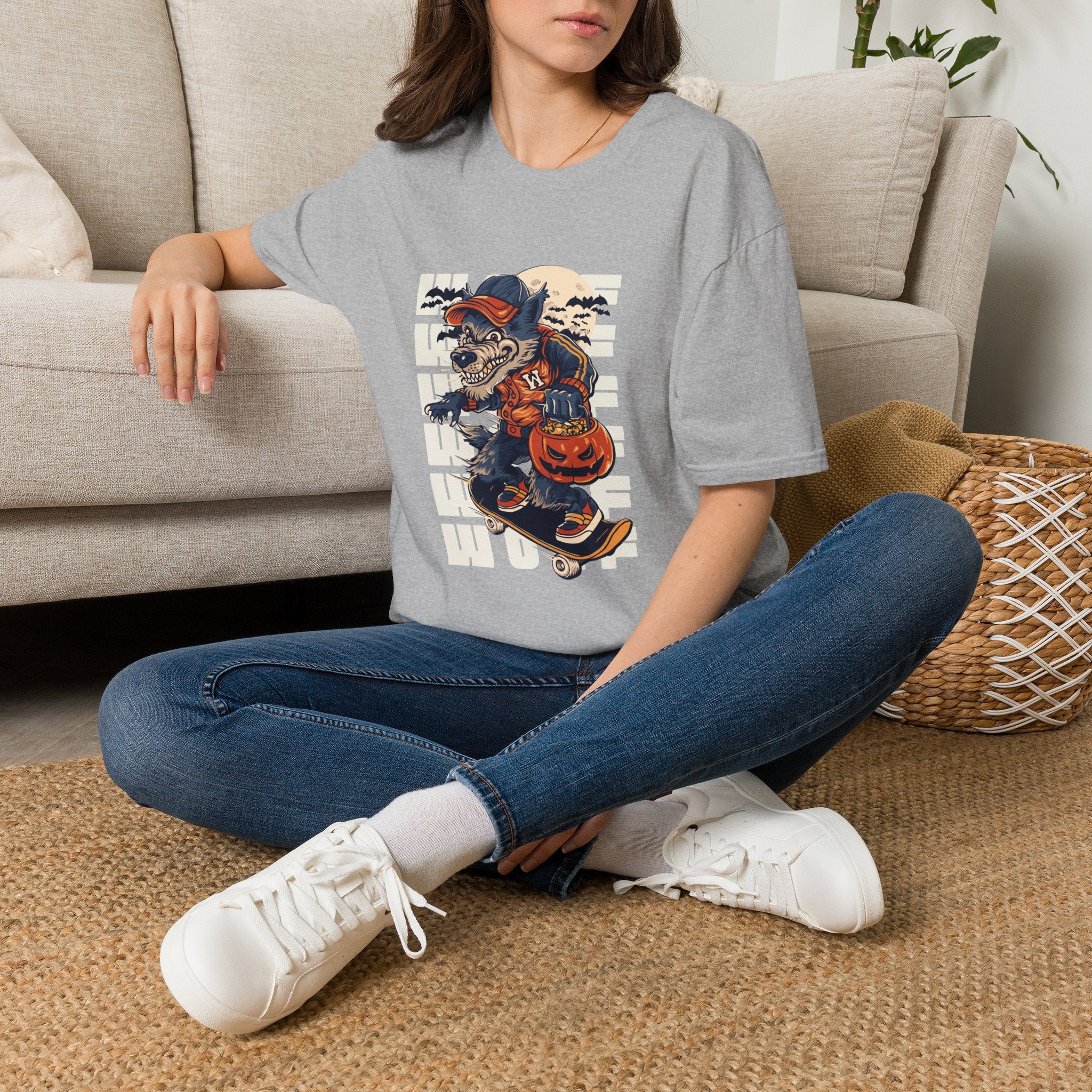 Halloween Skateboarder Skeleton T-Shirt — Spooky Pumpkin & Bats Graphic Tee
