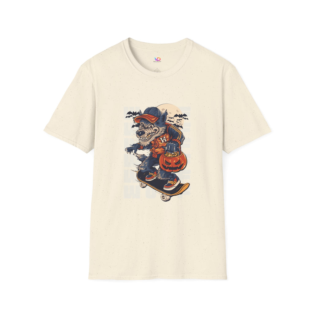 Halloween Skateboarder Skeleton T-Shirt — Spooky Pumpkin & Bats Graphic Tee