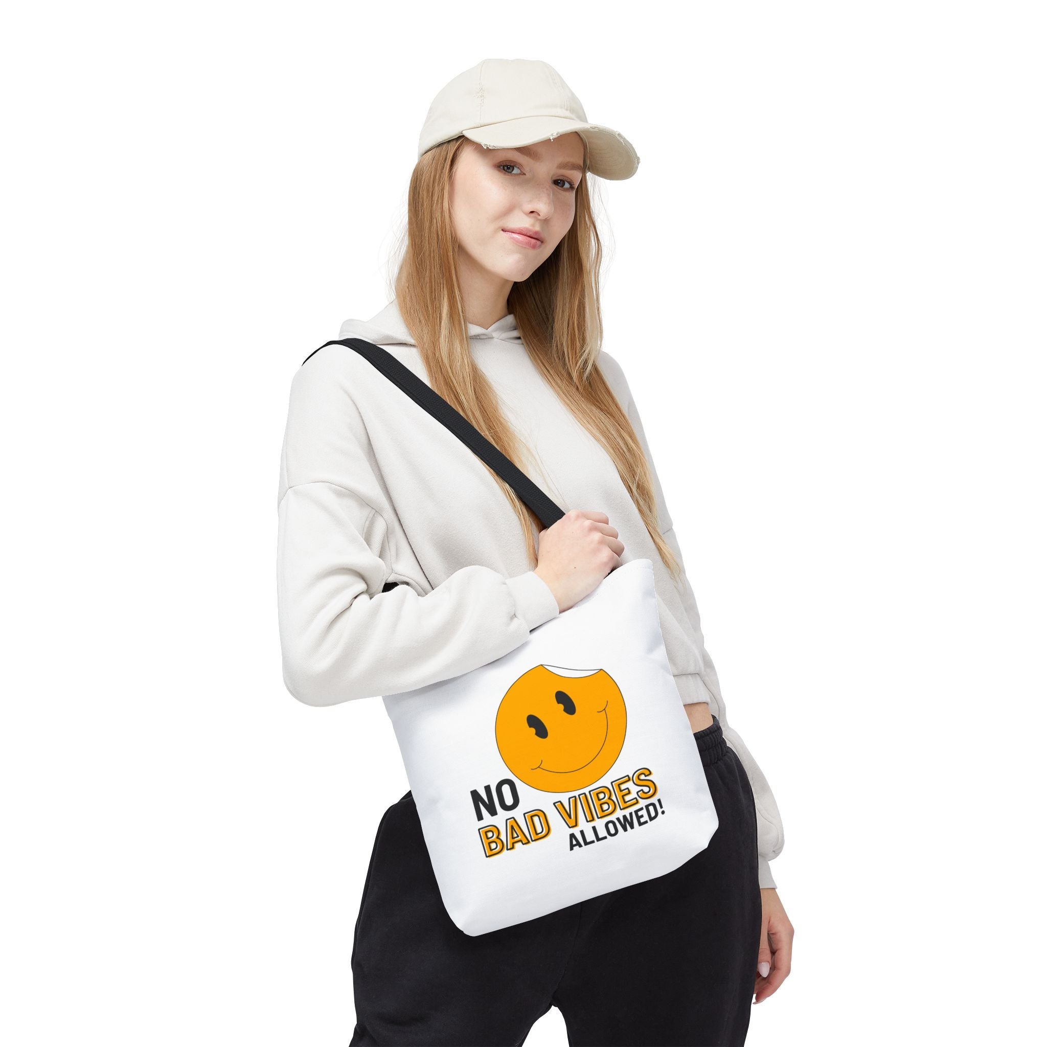 No Bad Vibes Tote Bag — Positive Smiley Reusable Beach & Grocery Bag