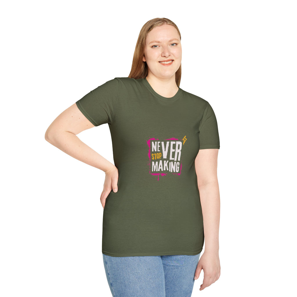T-Shirt — "Never Stop Dreaming" Graphic Tee (Pink Brushstroke Lightning)