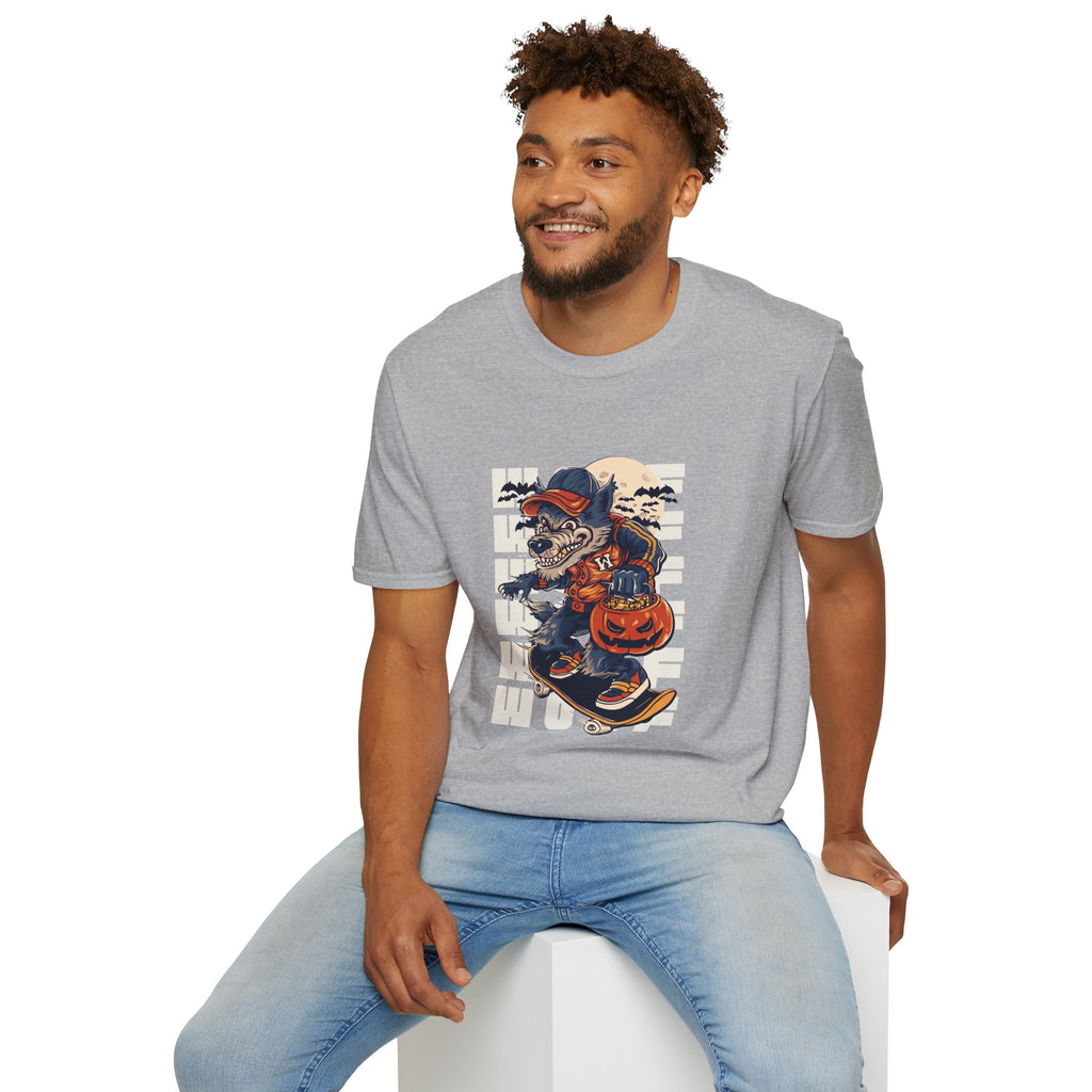 Halloween Skateboarder Skeleton T-Shirt — Spooky Pumpkin & Bats Graphic Tee