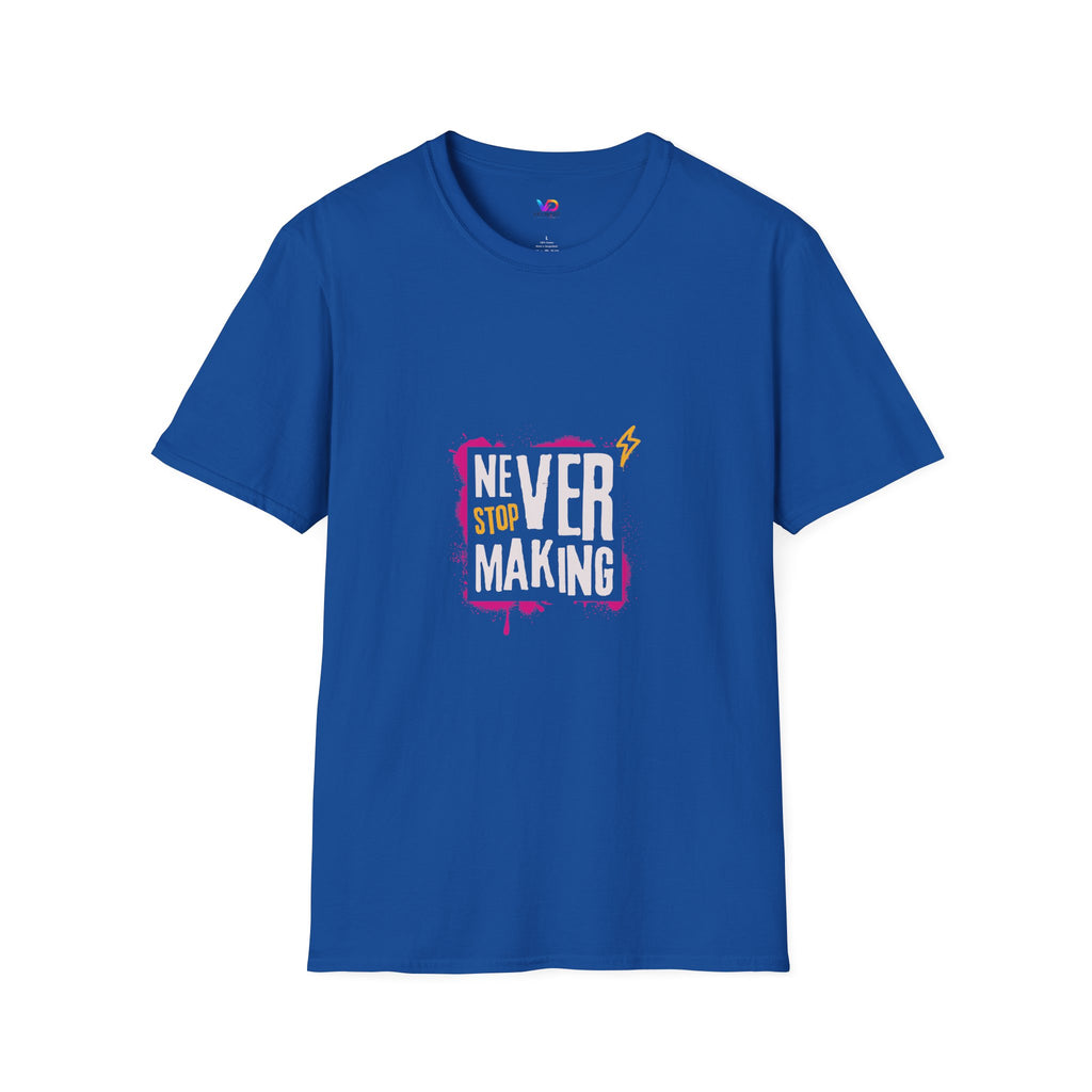 T-Shirt — "Never Stop Dreaming" Graphic Tee (Pink Brushstroke Lightning)