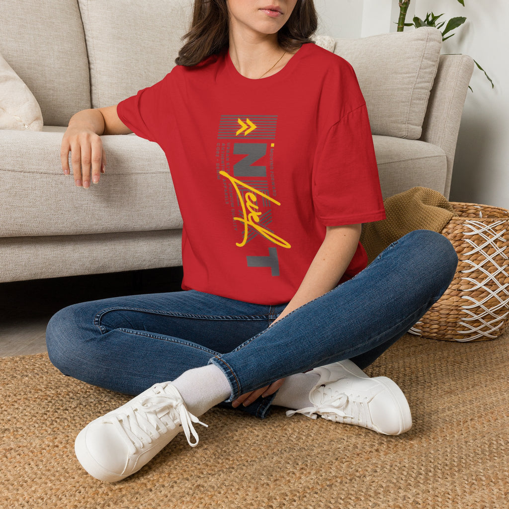 Vertical 'NEXT' Graphic T‑Shirt — Modern Yellow & Gray Streetwear Tee