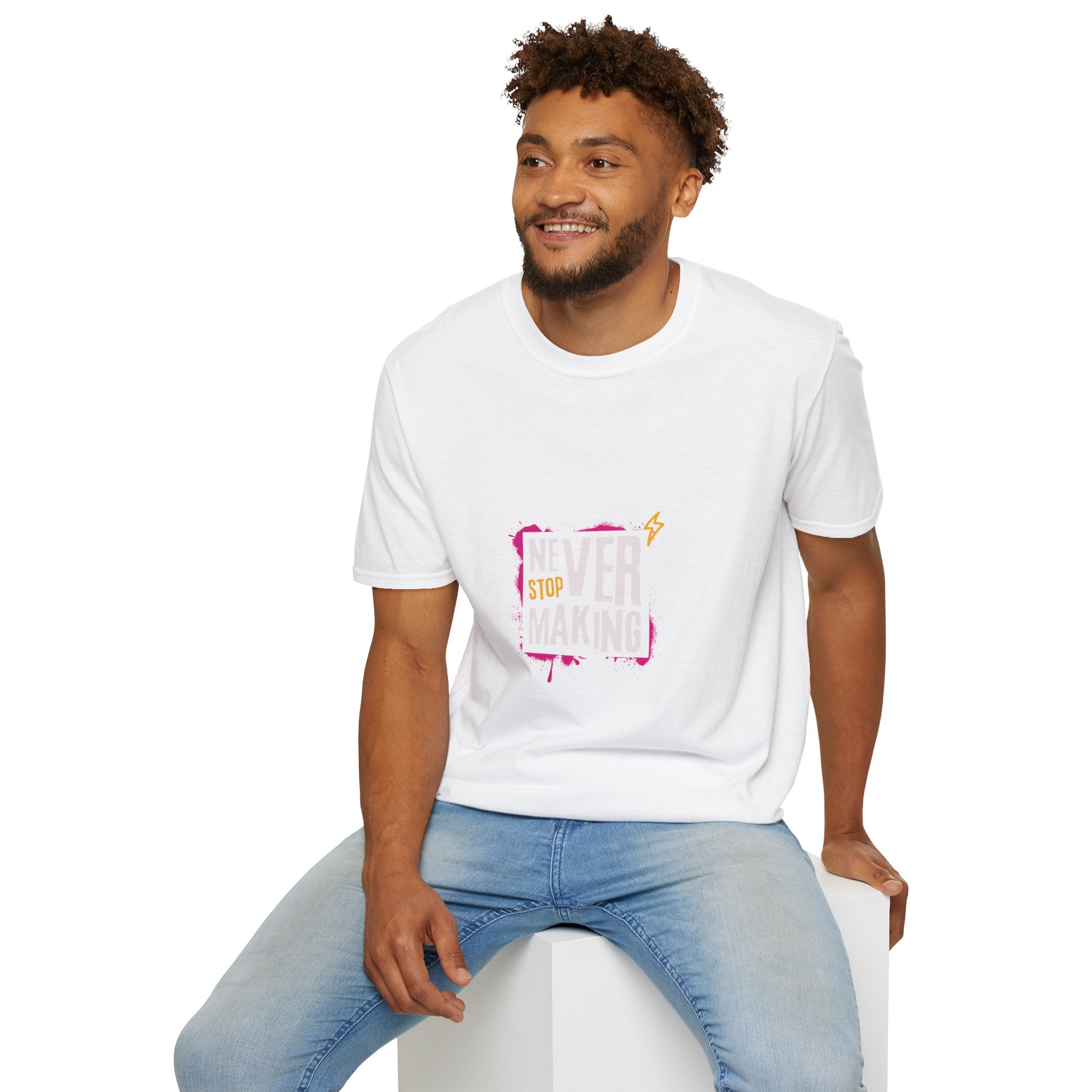T-Shirt — "Never Stop Dreaming" Graphic Tee (Pink Brushstroke Lightning)