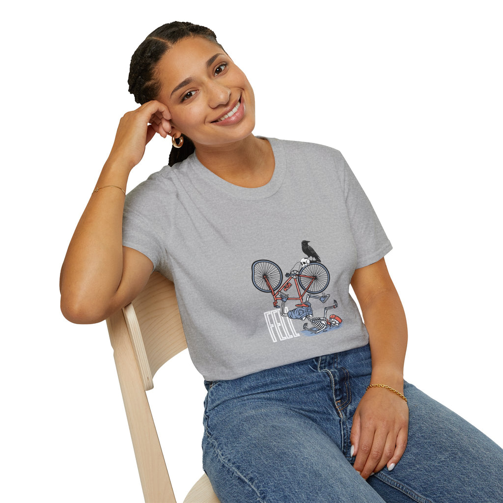 T-Shirt — Vintage Bike Crash Illustration with Crow (whimsical urban cycling tee)