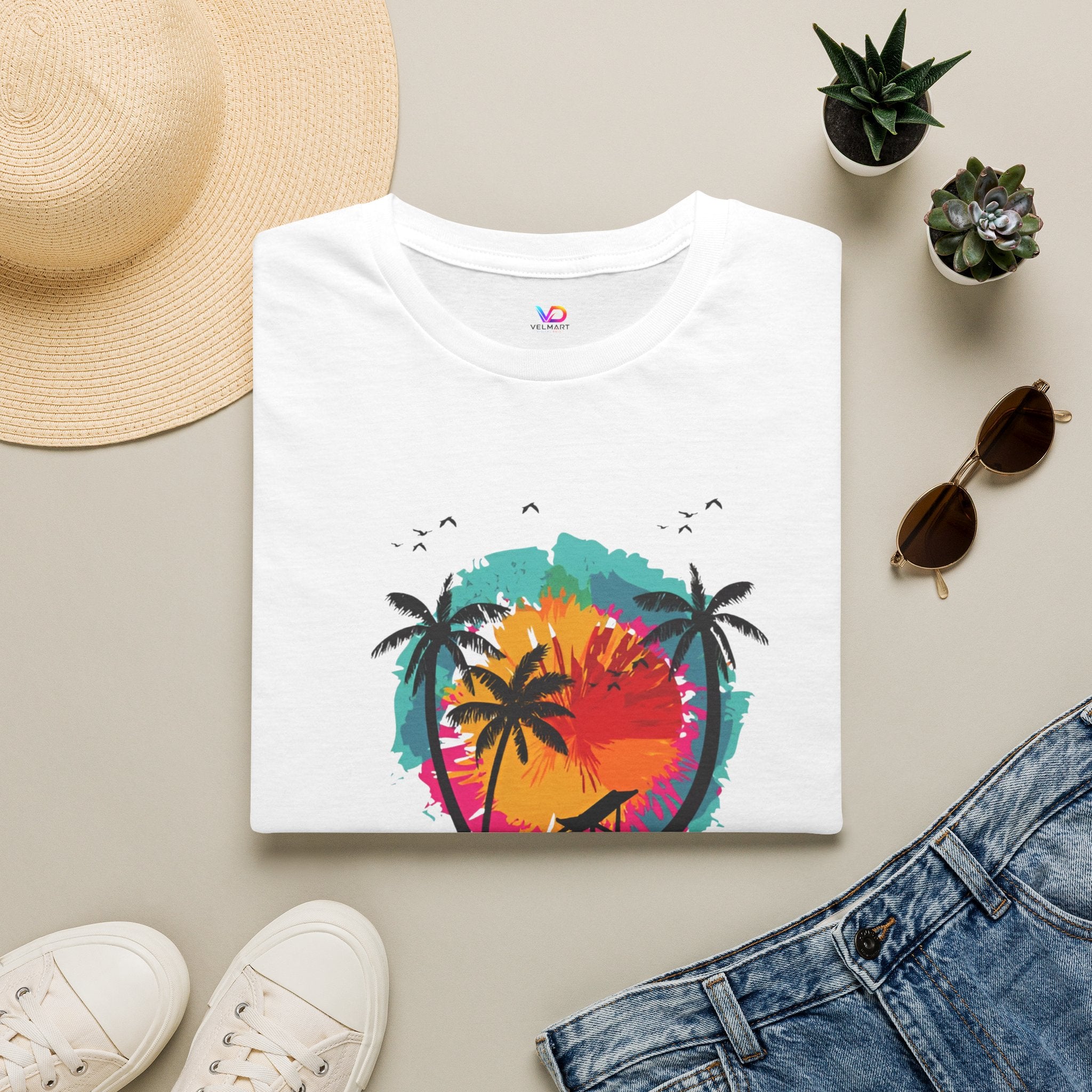Summer Vibes T-Shirt — "Enjoy the Summer" Tropical Palm Sunset Tee