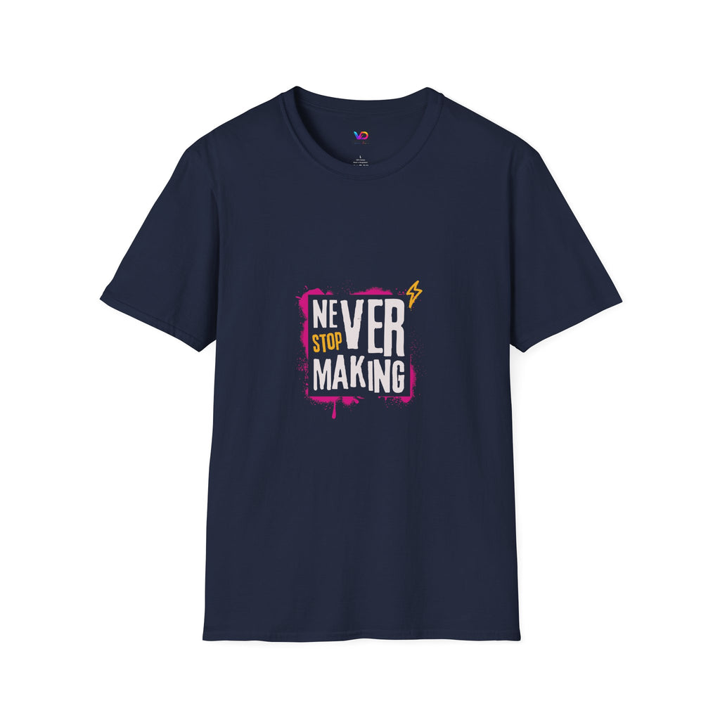 T-Shirt — "Never Stop Dreaming" Graphic Tee (Pink Brushstroke Lightning)