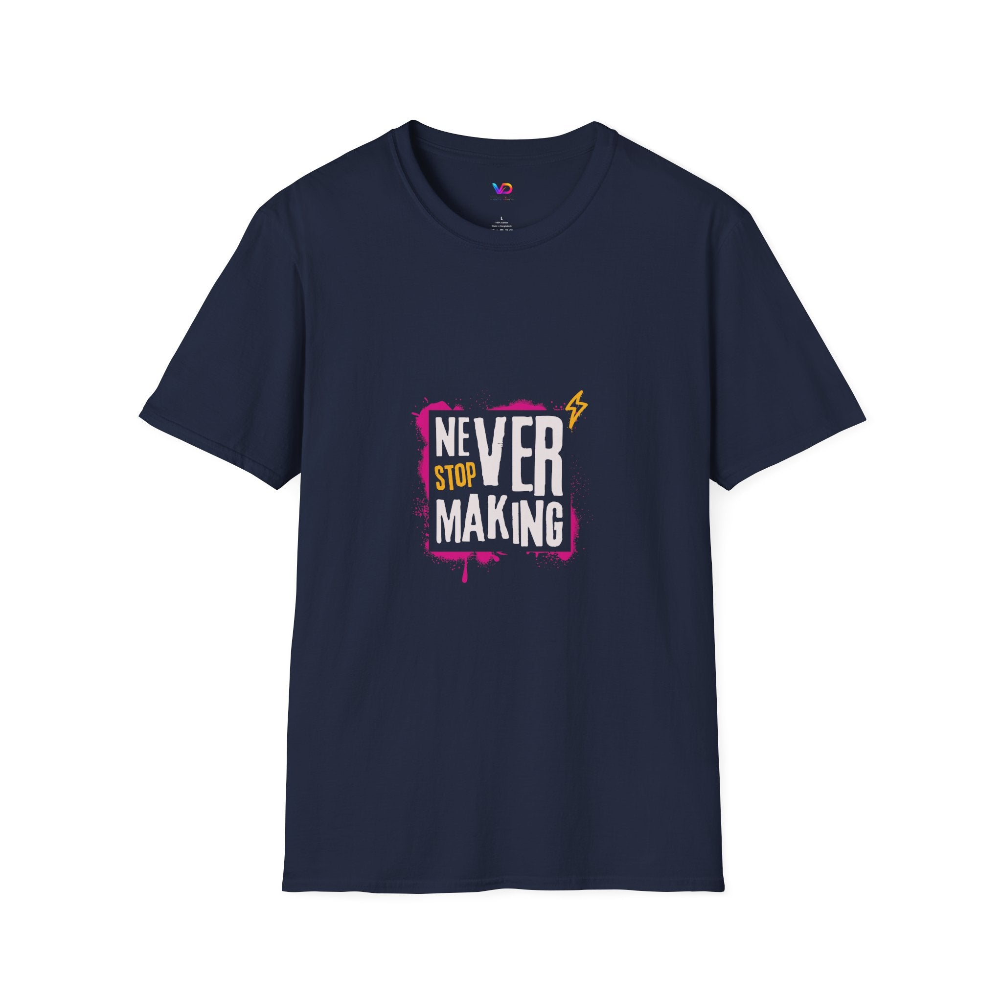 T-Shirt — "Never Stop Dreaming" Graphic Tee (Pink Brushstroke Lightning)