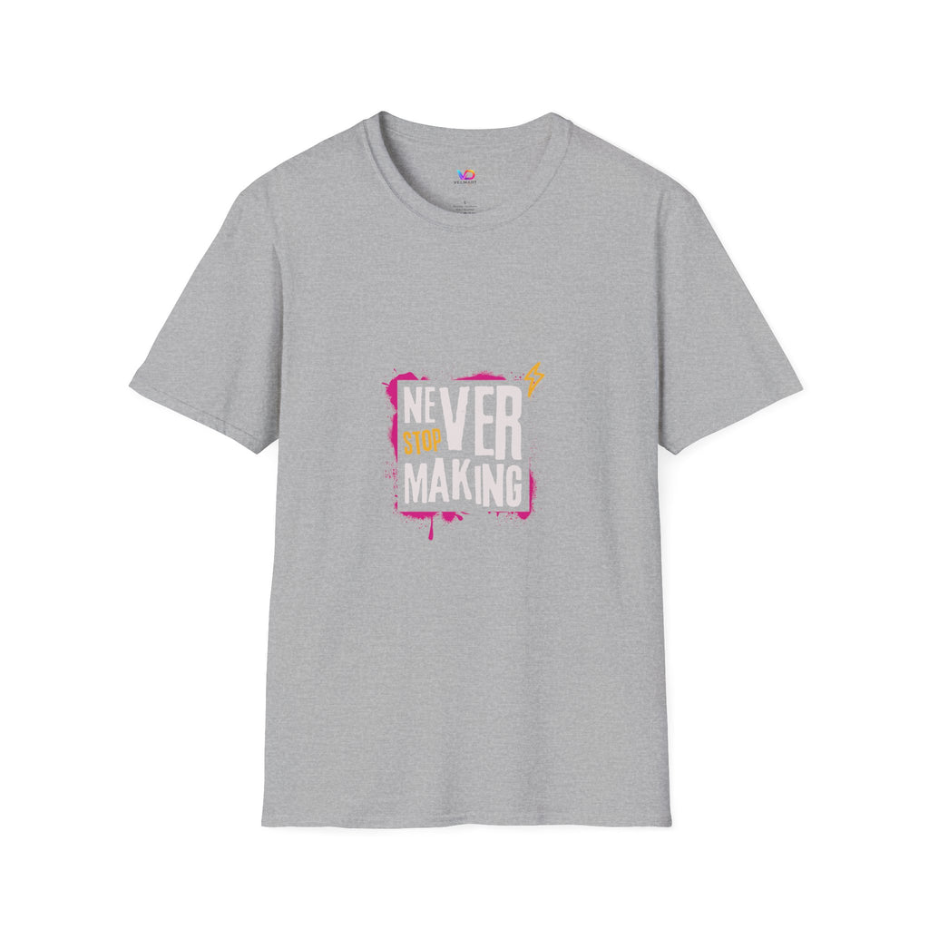 T-Shirt — "Never Stop Dreaming" Graphic Tee (Pink Brushstroke Lightning)
