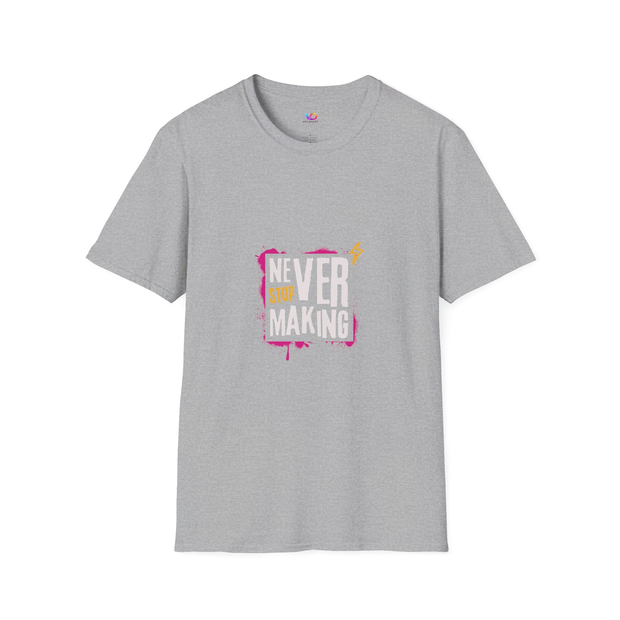 T-Shirt — "Never Stop Dreaming" Graphic Tee (Pink Brushstroke Lightning)