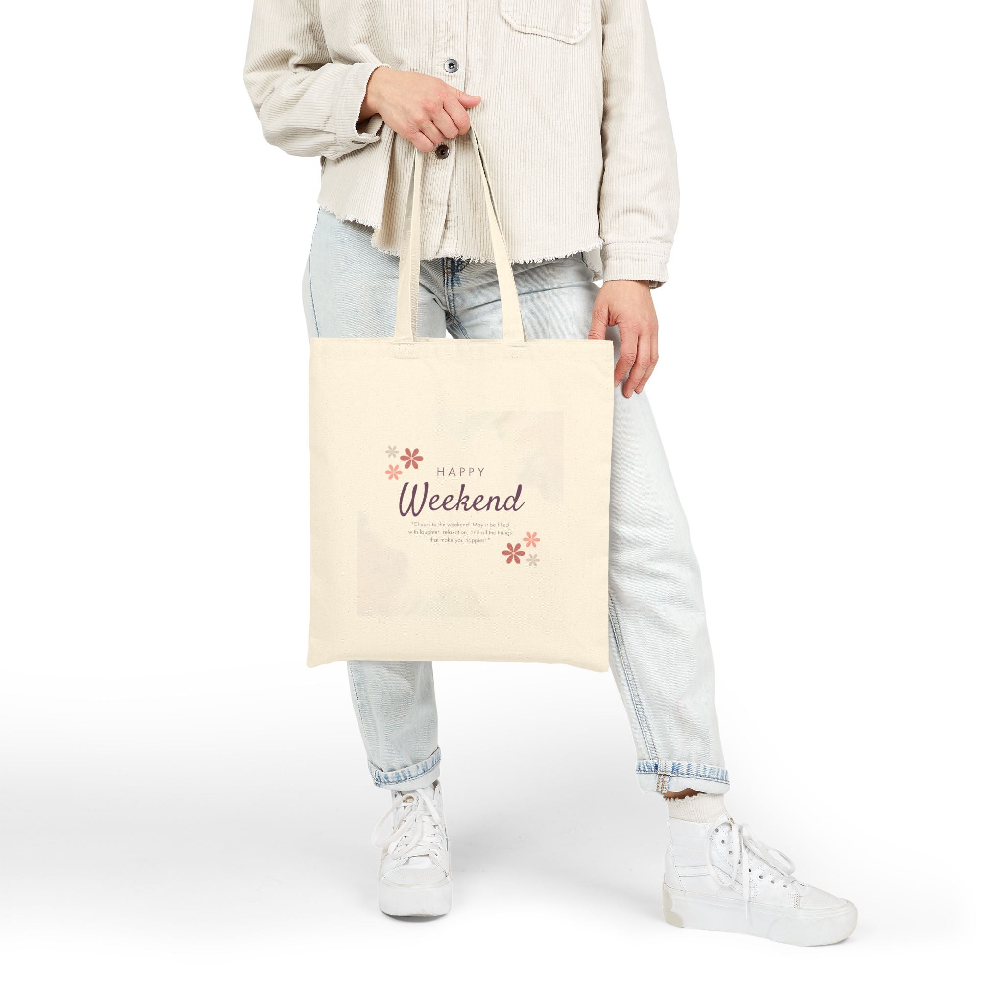 Happy Weekend Canvas Tote Bag — Floral Cotton Market Bag