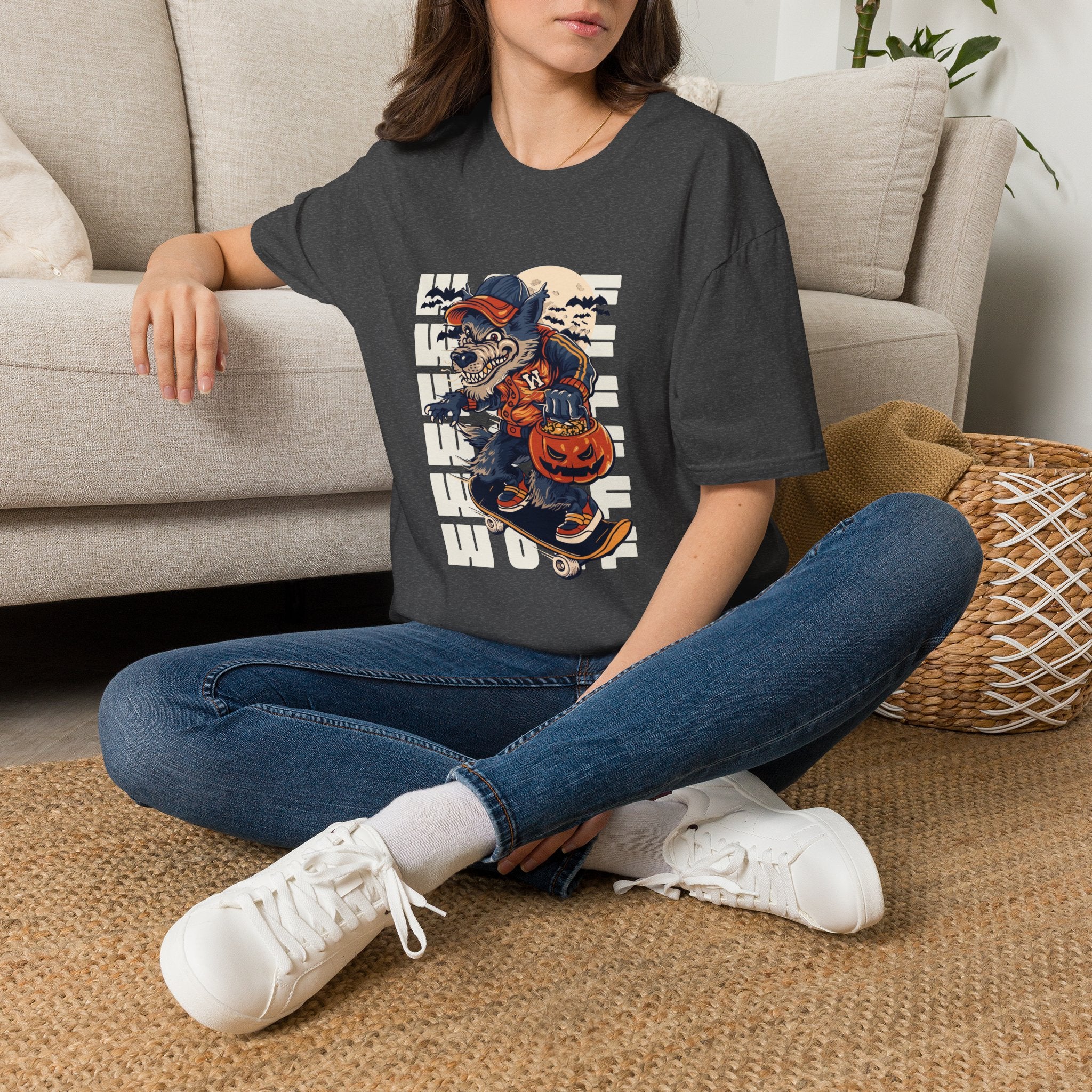 Halloween Skateboarder Skeleton T-Shirt — Spooky Pumpkin & Bats Graphic Tee