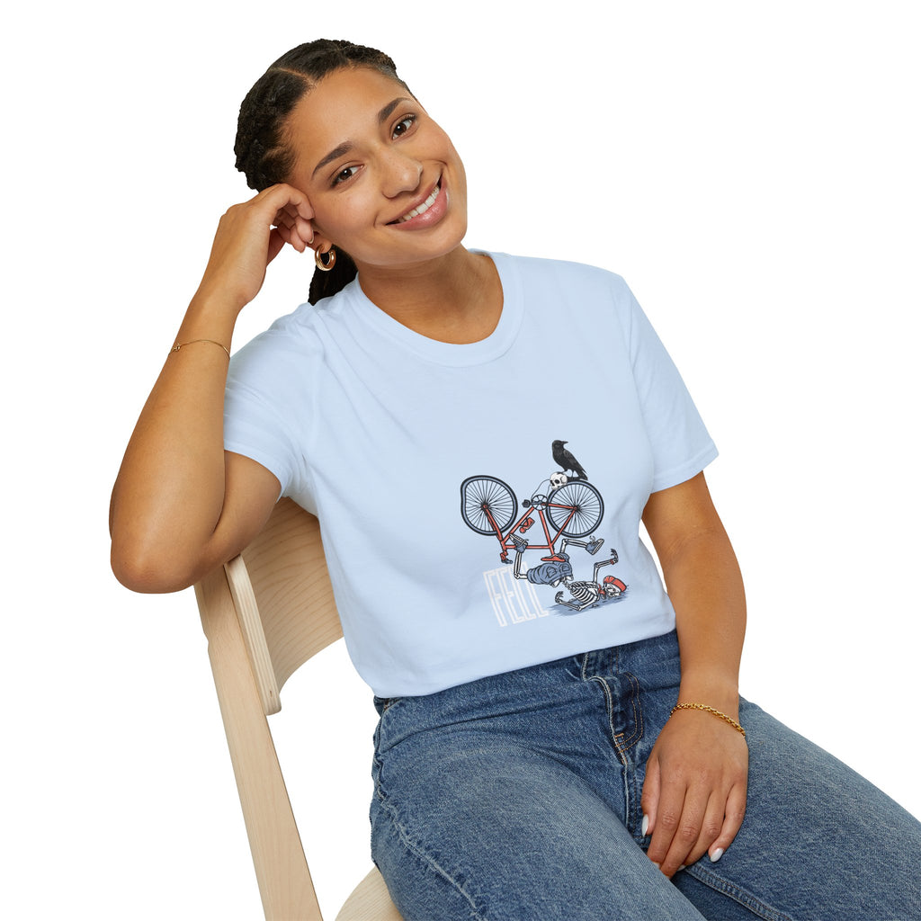 T-Shirt — Vintage Bike Crash Illustration with Crow (whimsical urban cycling tee)
