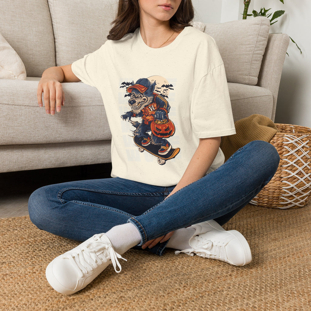 Halloween Skateboarder Skeleton T-Shirt — Spooky Pumpkin & Bats Graphic Tee