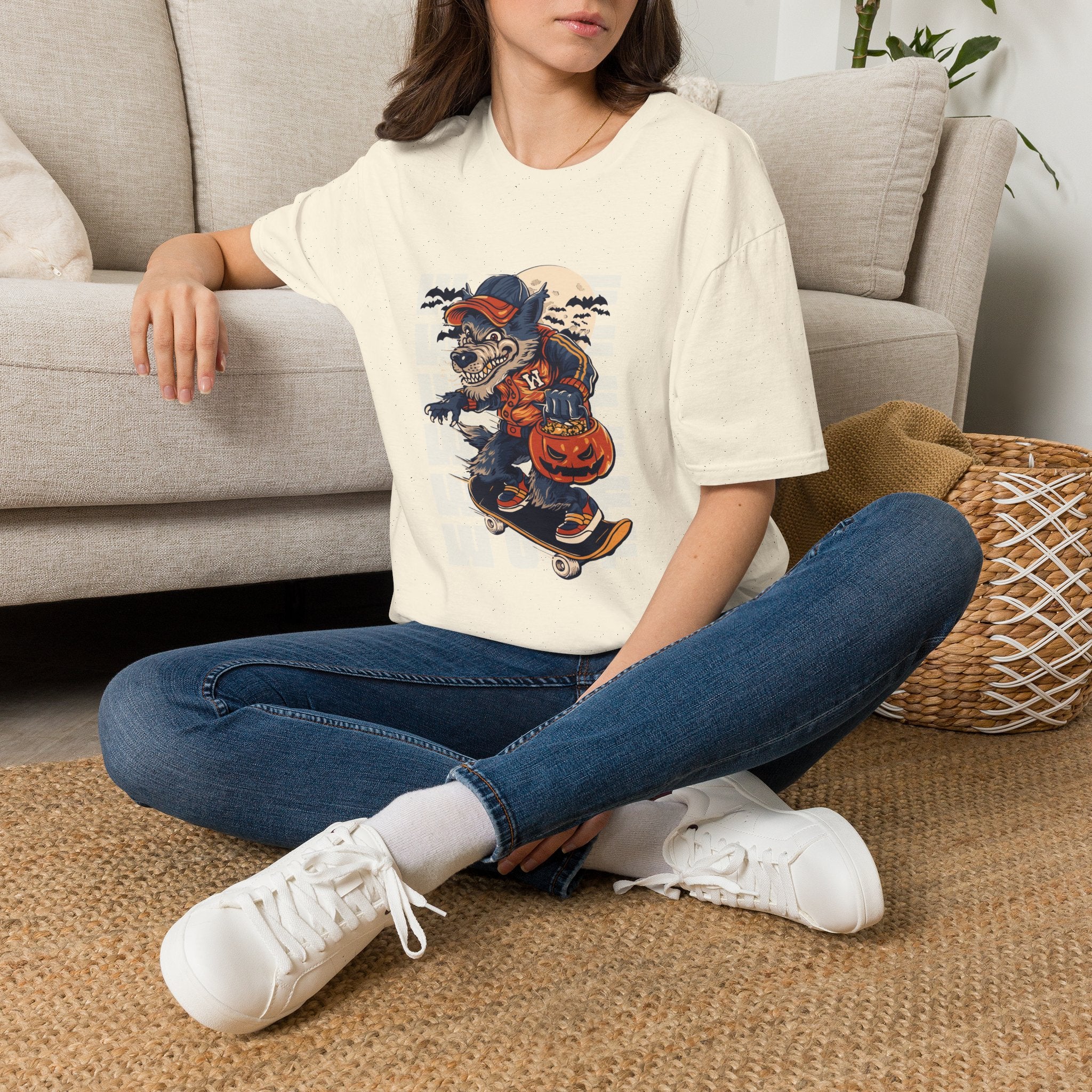Halloween Skateboarder Skeleton T-Shirt — Spooky Pumpkin & Bats Graphic Tee