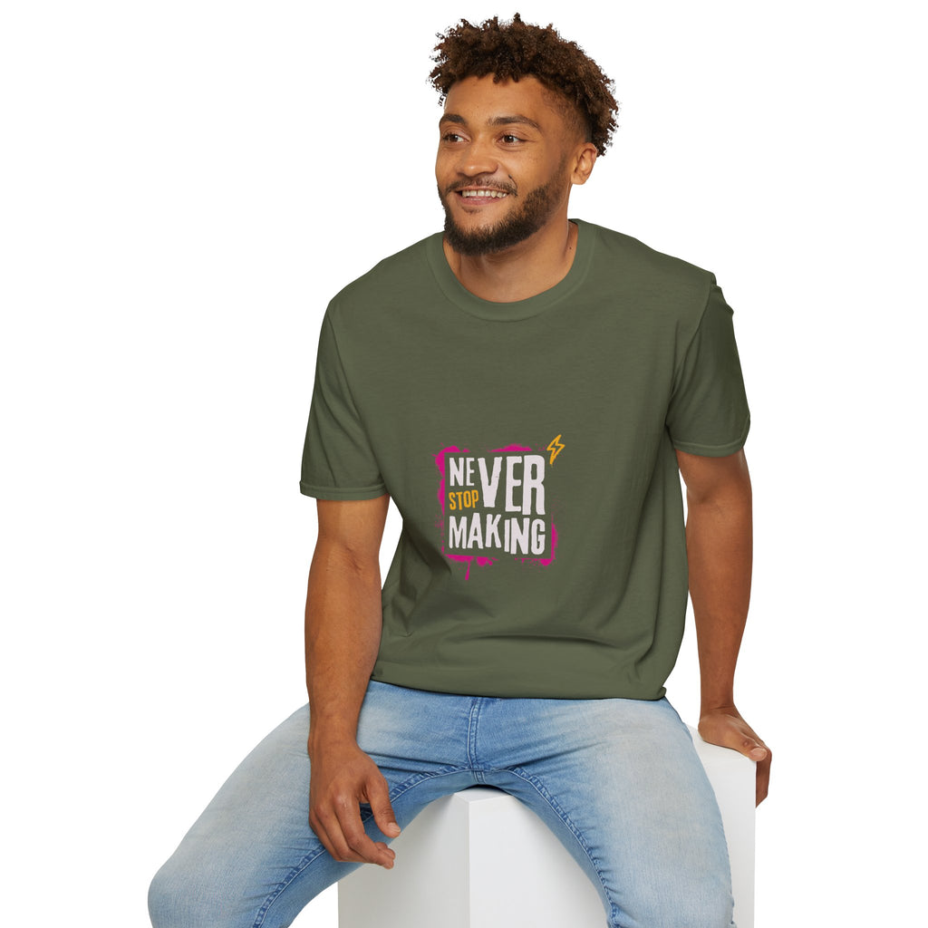 T-Shirt — "Never Stop Dreaming" Graphic Tee (Pink Brushstroke Lightning)