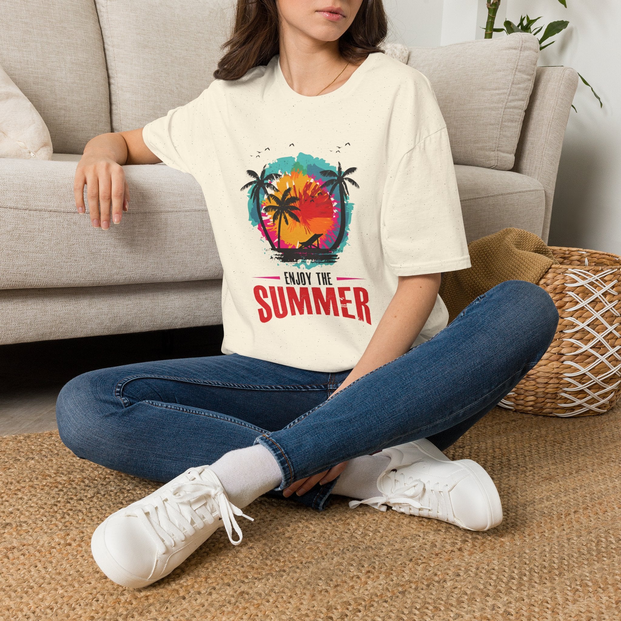 Summer Vibes T-Shirt — "Enjoy the Summer" Tropical Palm Sunset Tee