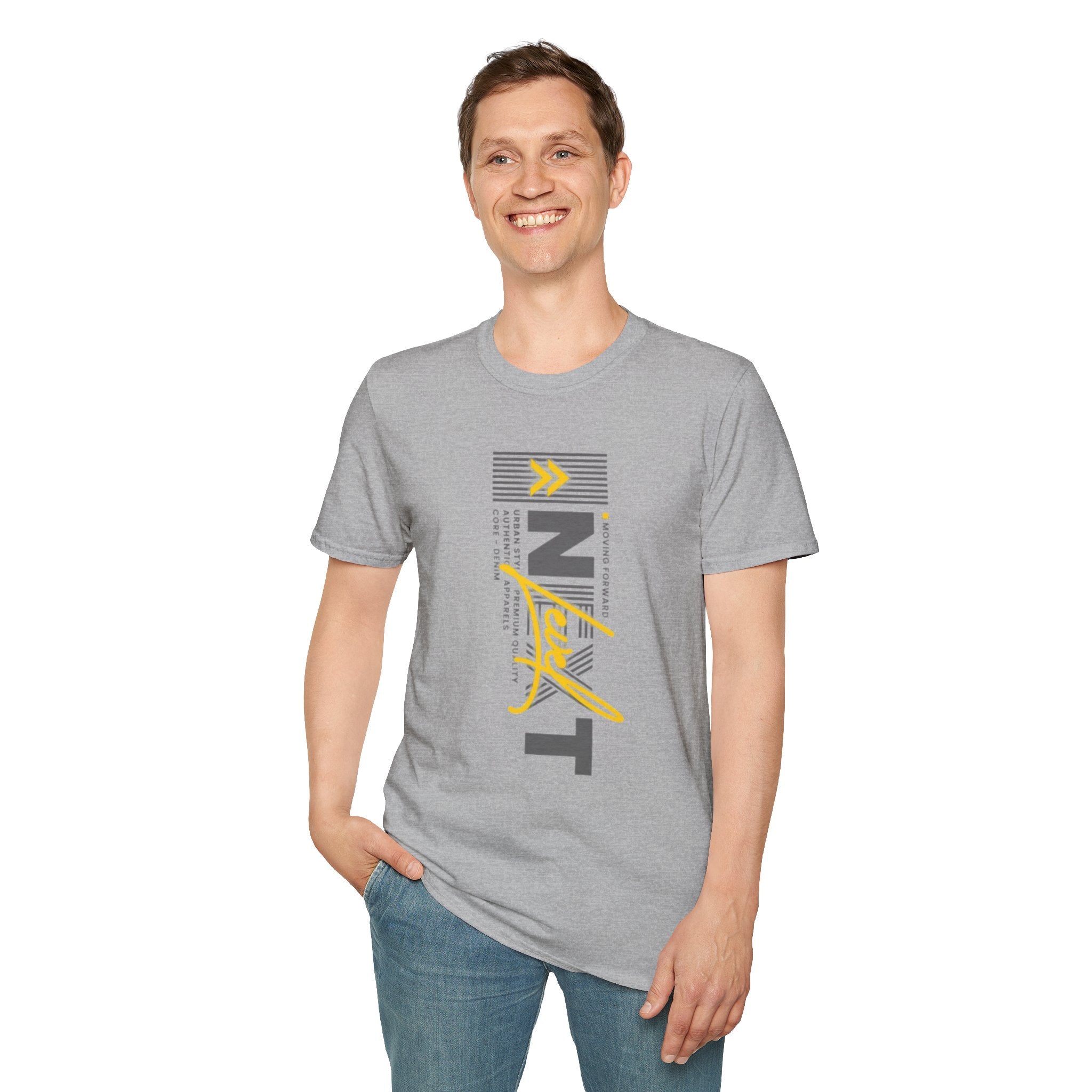Vertical 'NEXT' Graphic T‑Shirt — Modern Yellow & Gray Streetwear Tee