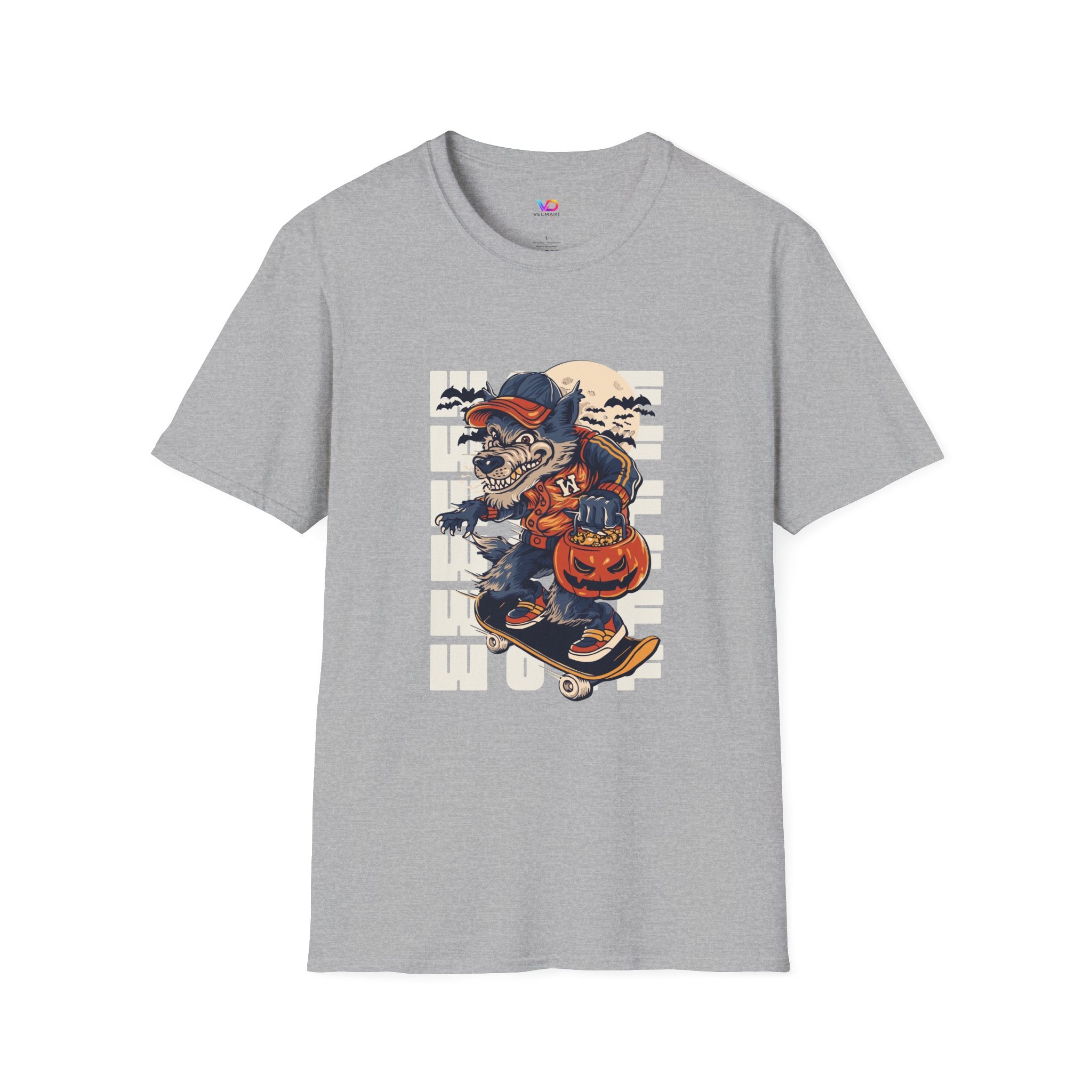 Halloween Skateboarder Skeleton T-Shirt — Spooky Pumpkin & Bats Graphic Tee