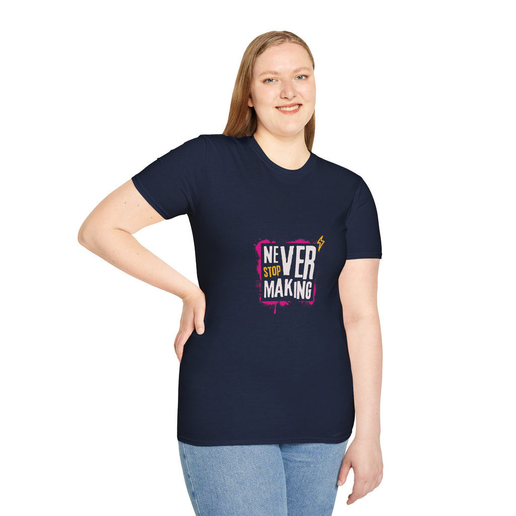 T-Shirt — "Never Stop Dreaming" Graphic Tee (Pink Brushstroke Lightning)