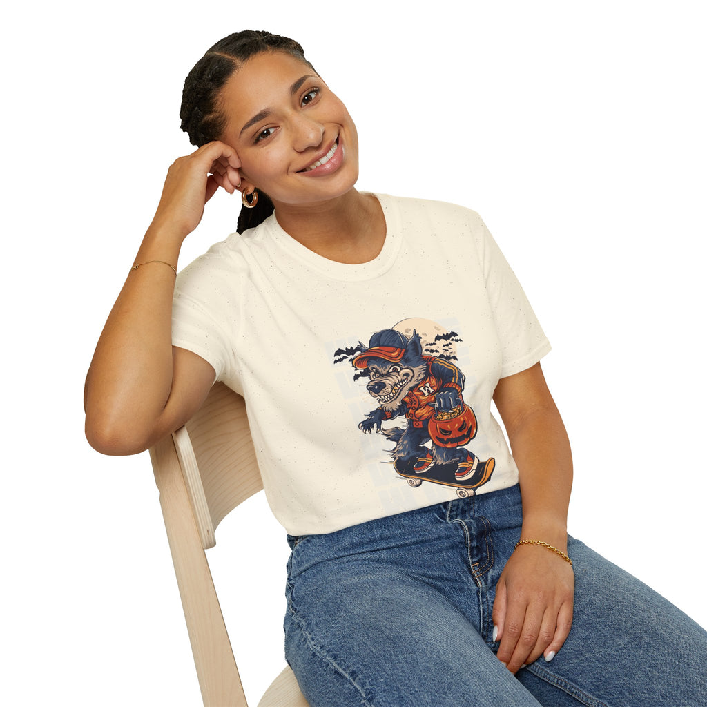 Halloween Skateboarder Skeleton T-Shirt — Spooky Pumpkin & Bats Graphic Tee