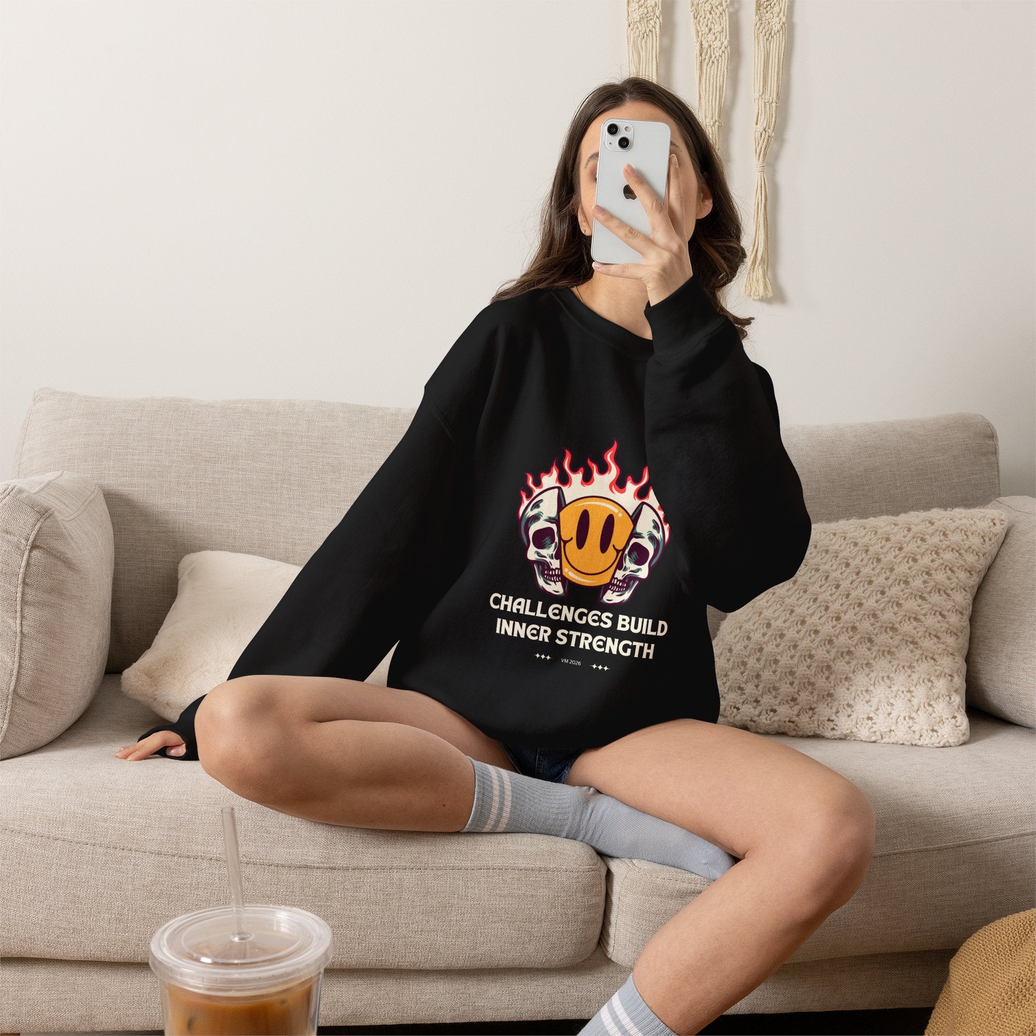 Crewneck Sweatshirt — “Challenges Build Inner Strength” Flame Smile Graphic
