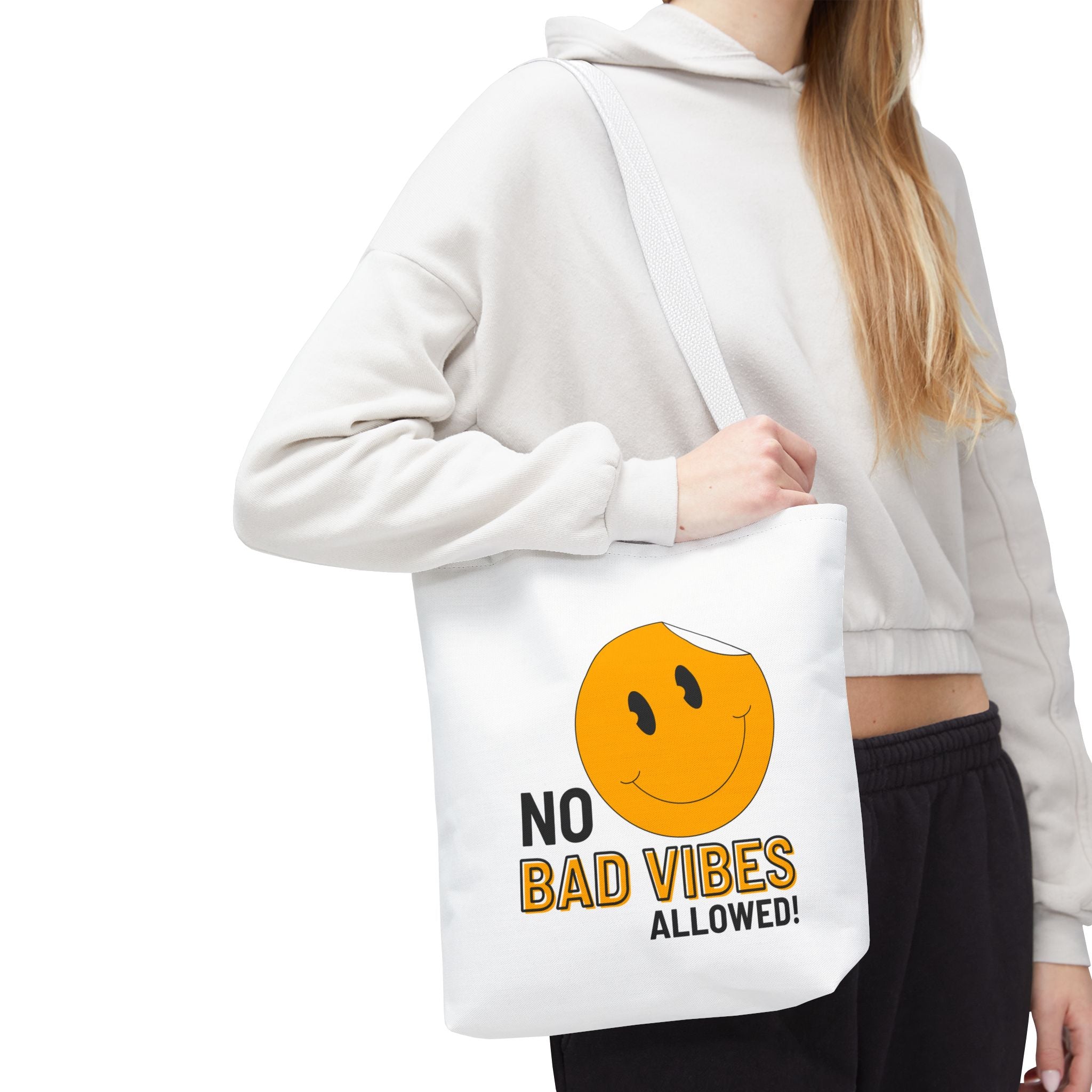 No Bad Vibes Tote Bag — Positive Smiley Reusable Beach & Grocery Bag
