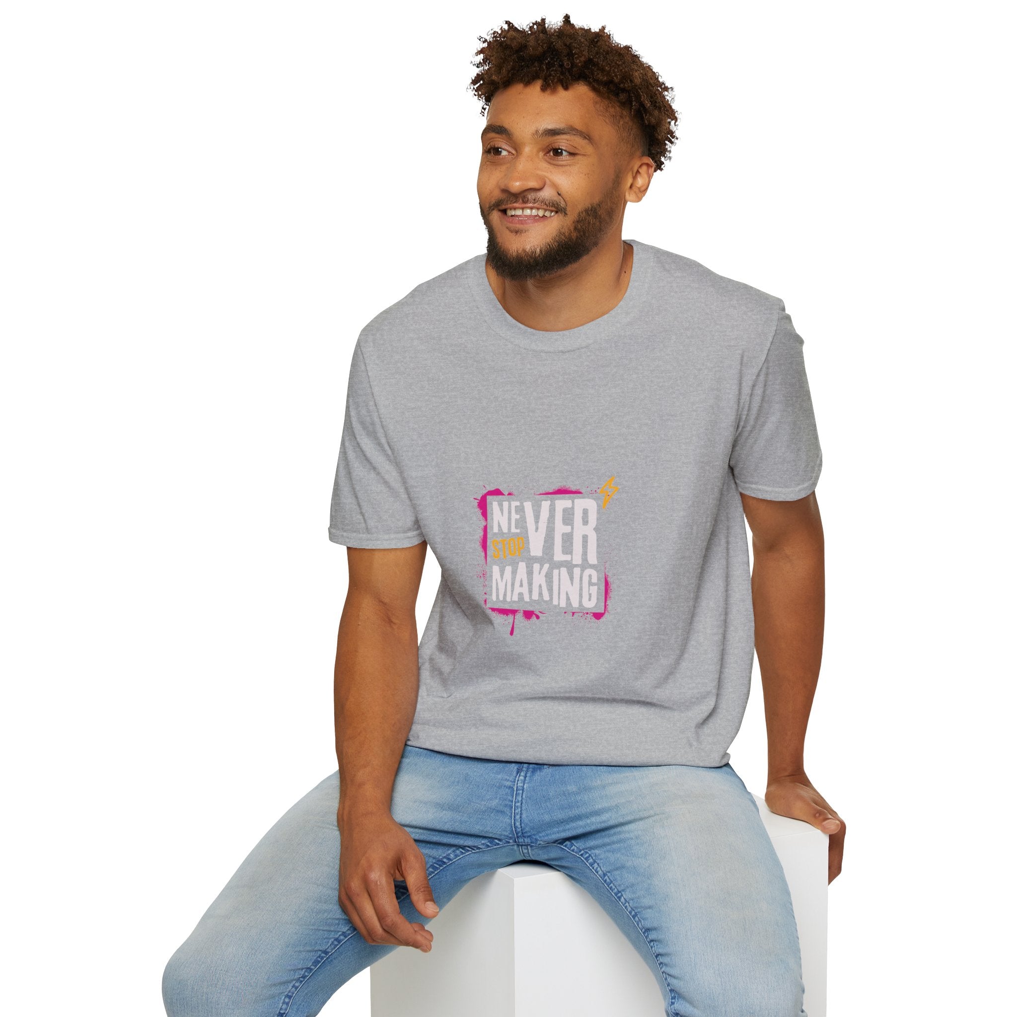 T-Shirt — "Never Stop Dreaming" Graphic Tee (Pink Brushstroke Lightning)