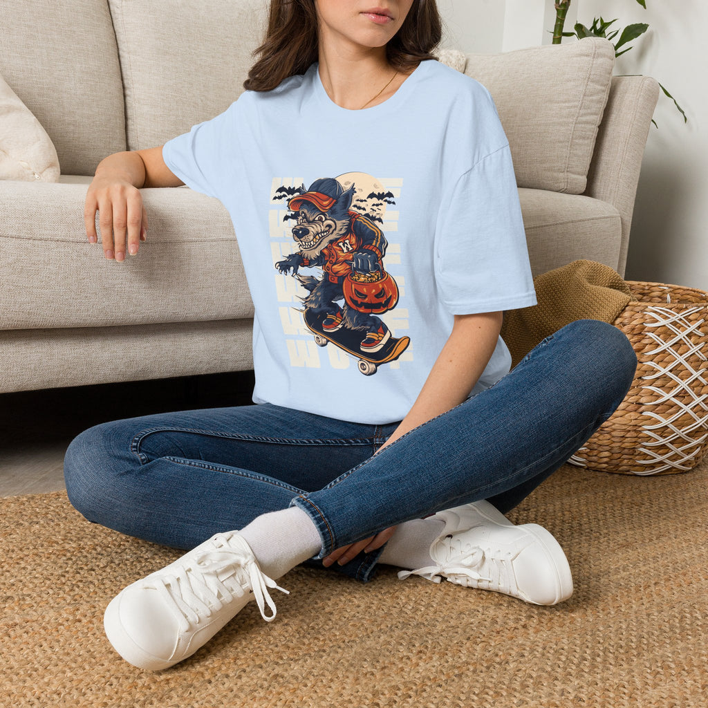 Halloween Skateboarder Skeleton T-Shirt — Spooky Pumpkin & Bats Graphic Tee