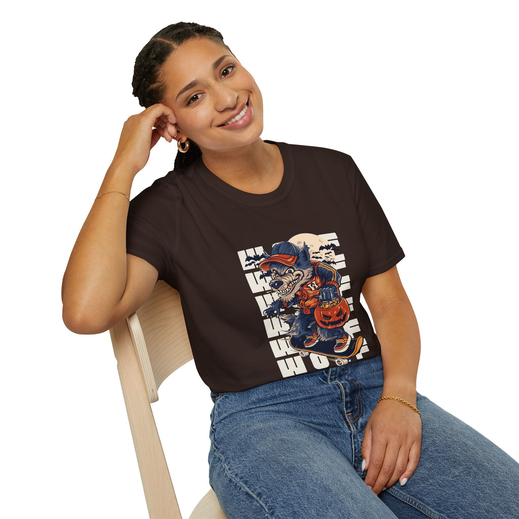 Halloween Skateboarder Skeleton T-Shirt — Spooky Pumpkin & Bats Graphic Tee