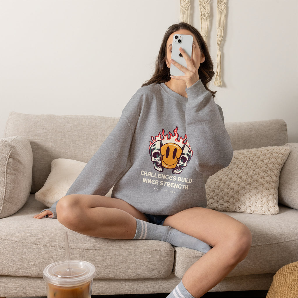 Crewneck Sweatshirt — “Challenges Build Inner Strength” Flame Smile Graphic