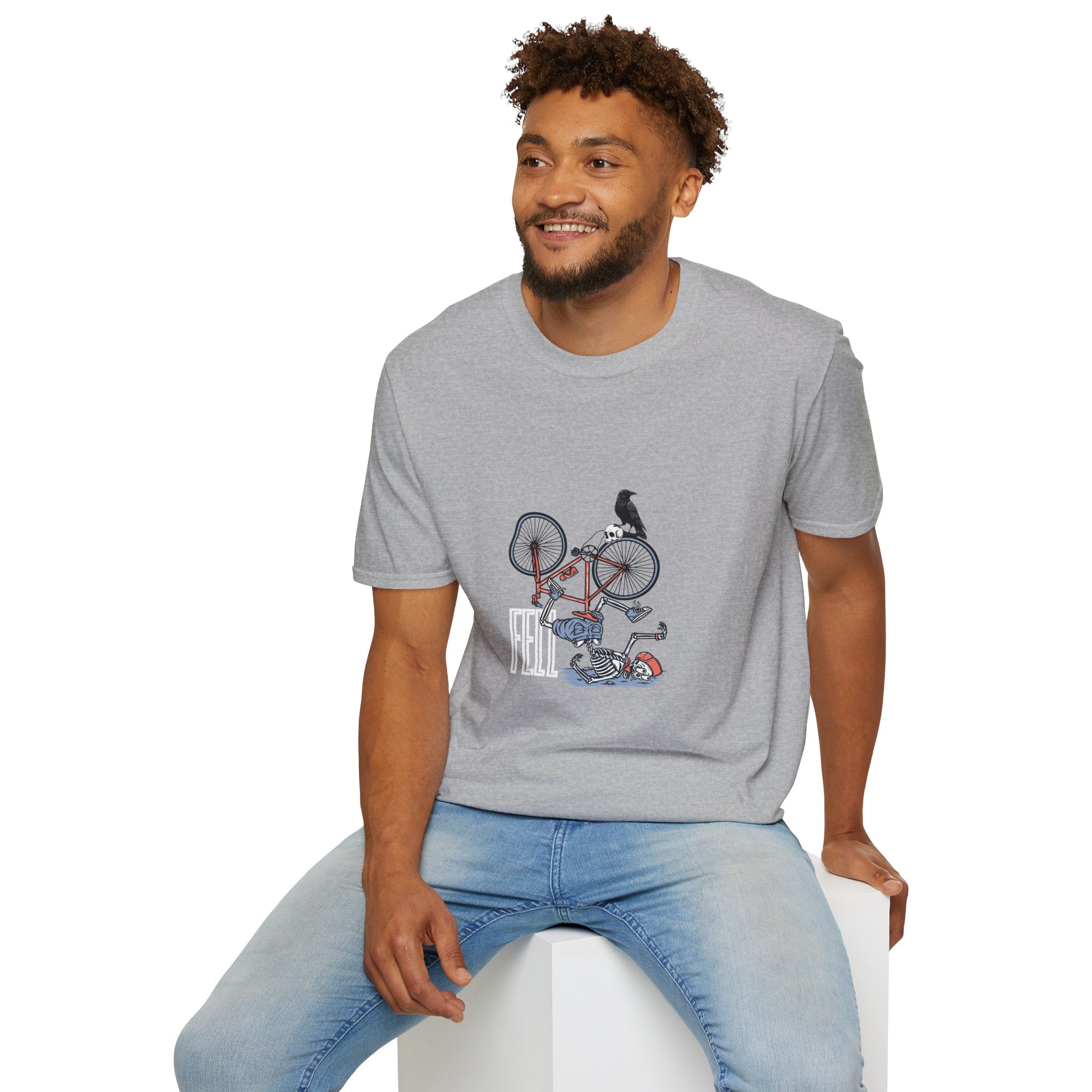 T-Shirt — Vintage Bike Crash Illustration with Crow (whimsical urban cycling tee)