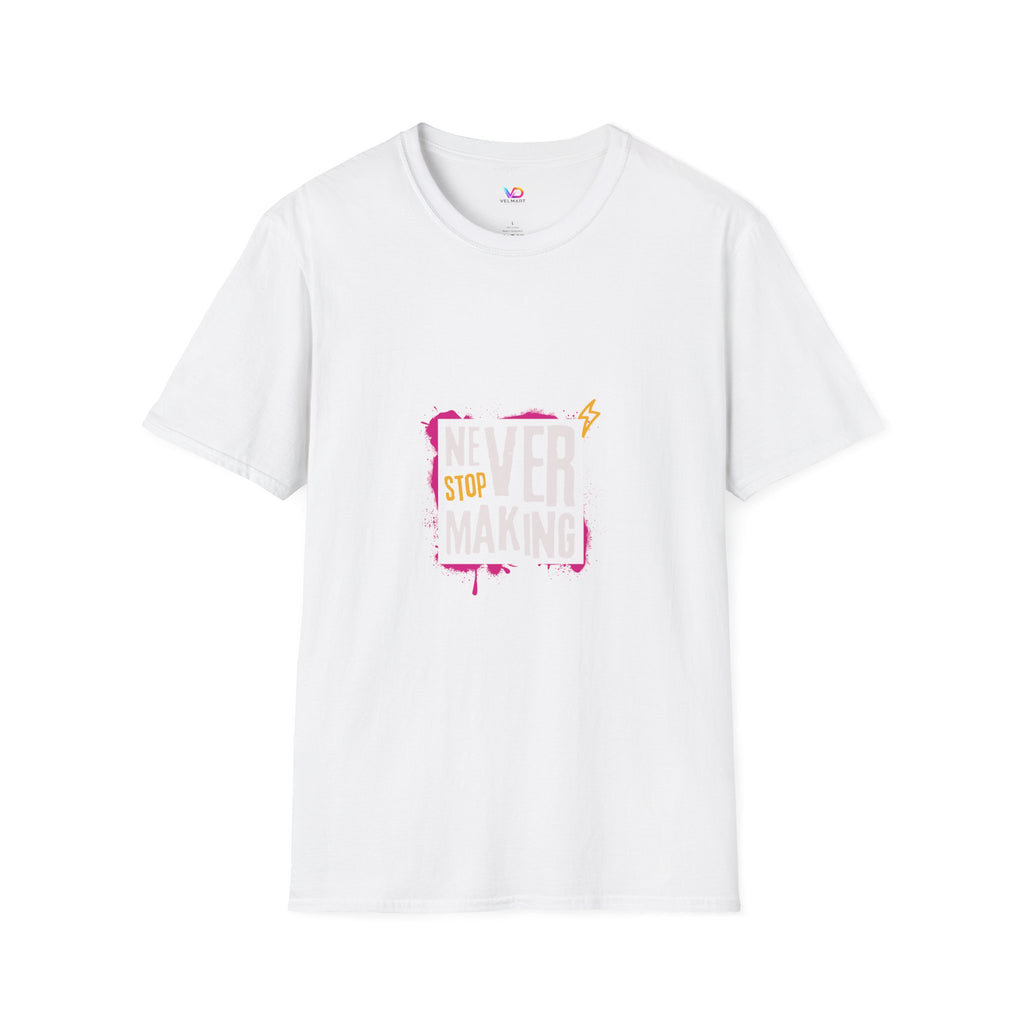 T-Shirt — "Never Stop Dreaming" Graphic Tee (Pink Brushstroke Lightning)